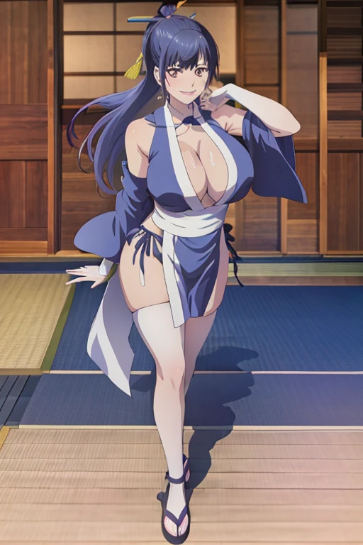 masterpiece, best quality, beautiful art, high resolution, well formed hands, body and fingers, 1 woman, solo, Ami  Tsuruga, hair ornament,  adult, grown up, big breasted, cleavage,  full body, braided long hair, blue_japanese_clothes, wearing DOA Kasumi's blue kunoichi dress, sexy and skimpy japanese clothes, kimono peek, sleeveless, white stockings, gorgeous legs and thighs, dancing seductively and erotically, turning backwards and forwards, shaking her body alluringly , sweating , bouncing breasts, smiling joyfully, looking at the viewer, flirting, beach environment 