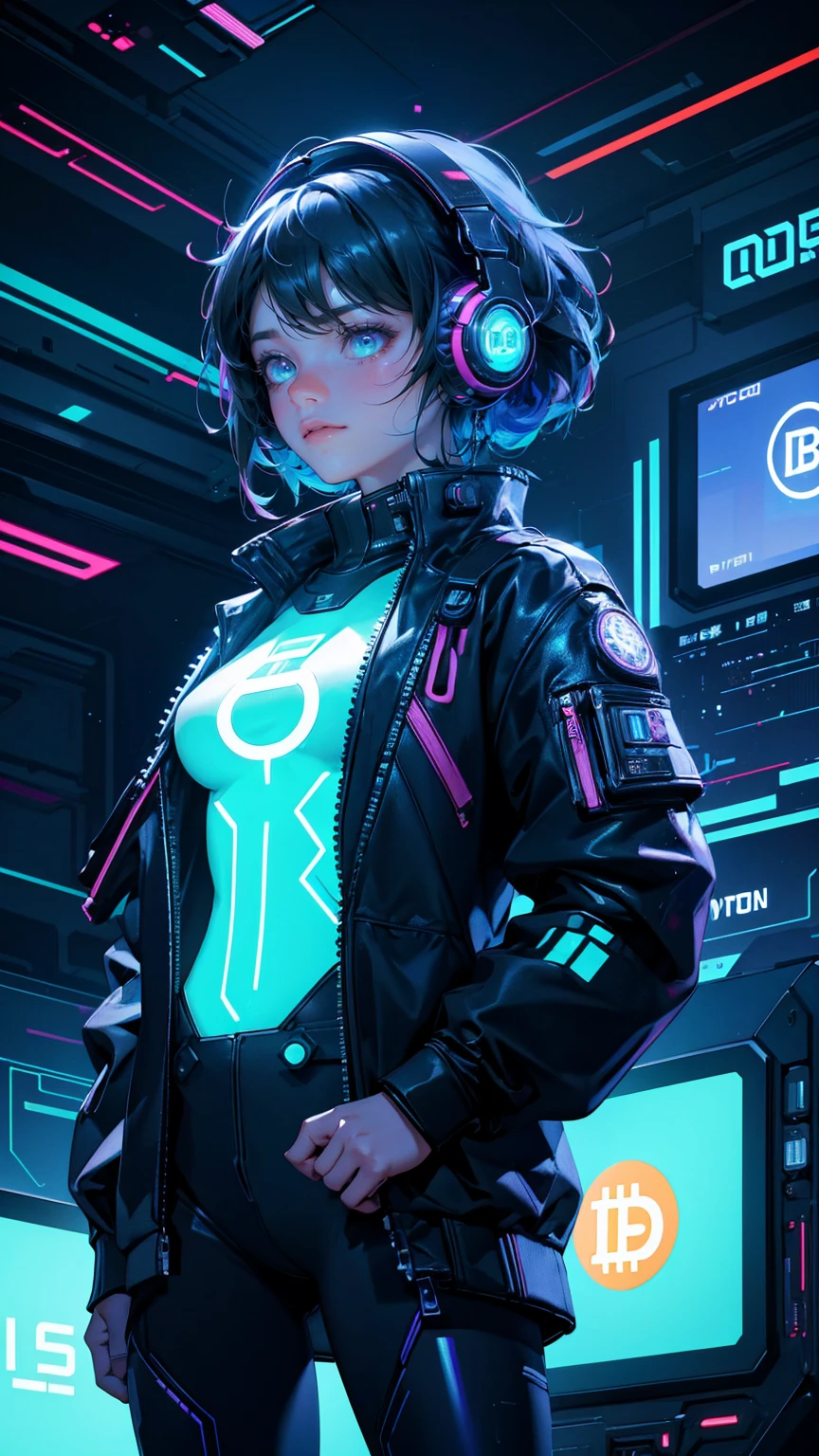 A futuristic, cyberpunk scene featuring a person wearing tech gear and headphones with a glowing Bitcoin symbol, working on a holographic interface with a large Bitcoin symbol in the background. The setting is a dark, high-tech room filled with neon lights and screens displaying various data and announcements. Replace the person with a beautiful, cute girl while maintaining the same cyberpunk, high-tech style and intense focus. Ensure the new character has similarly styled hair and clothing to fit seamlessly into the scene. The background, holographic interface, and overall color scheme should remain exactly the same, preserving the futuristic and high-energy feel of the image.
