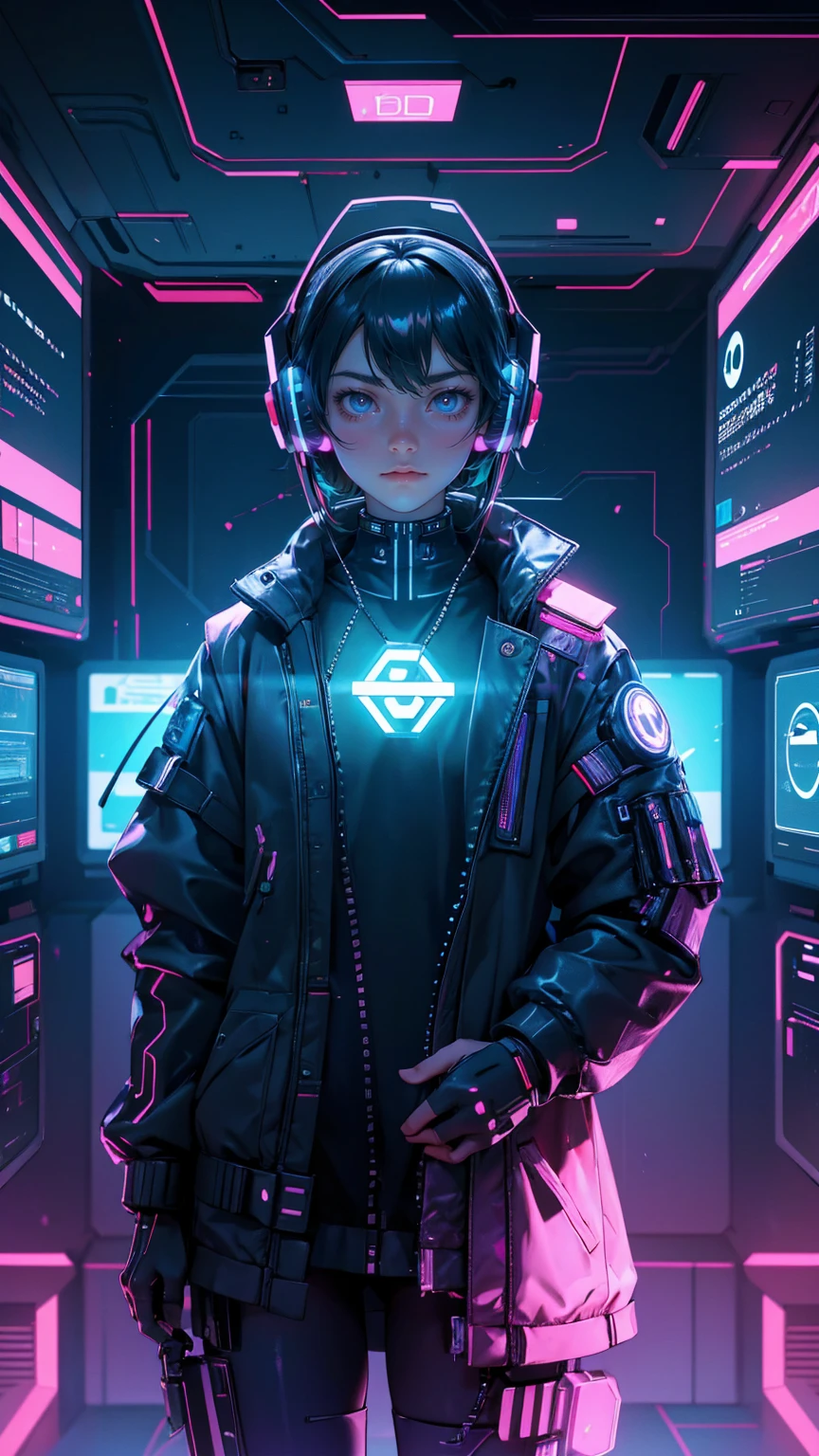 A futuristic, cyberpunk scene featuring a person wearing tech gear and headphones with a glowing Bitcoin symbol, working on a holographic interface with a large Bitcoin symbol in the background. The setting is a dark, high-tech room filled with neon lights and screens displaying various data and announcements. Replace the person with a beautiful, cute girl while maintaining the same cyberpunk, high-tech style and intense focus. Ensure the new character has similarly styled hair and clothing to fit seamlessly into the scene. The background, holographic interface, and overall color scheme should remain exactly the same, preserving the futuristic and high-energy feel of the image.