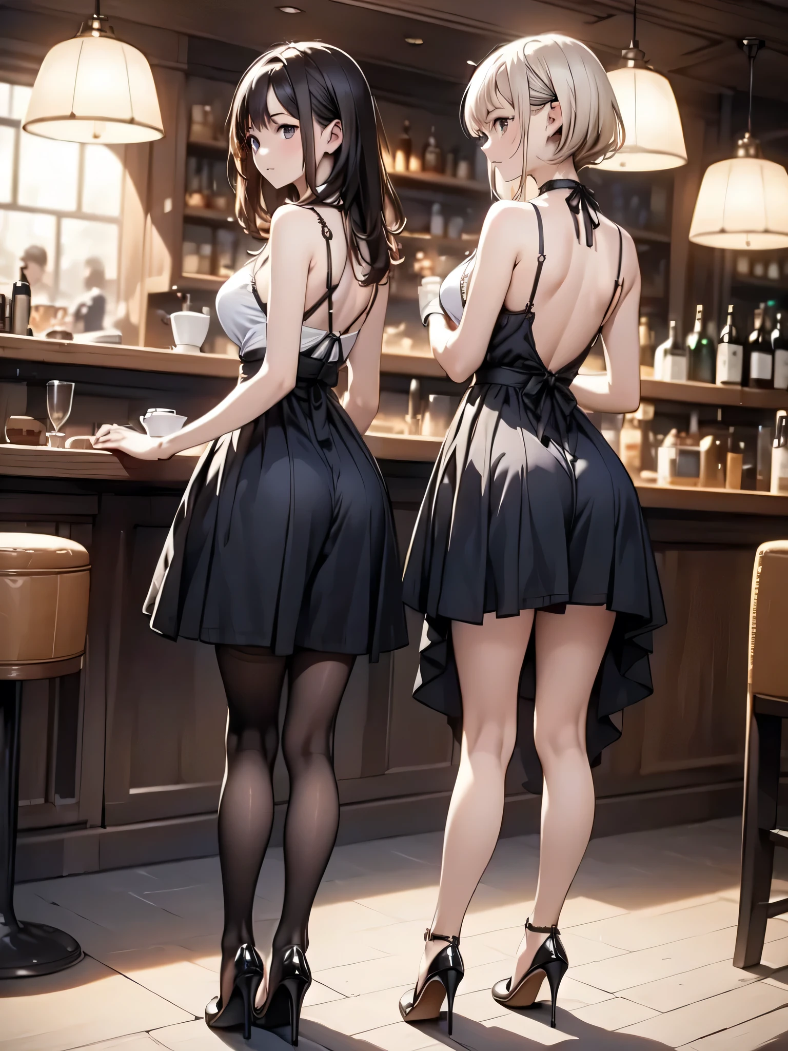 (masterpiece:1.3),(best quality, highest quality),((Full Body Shot,Including face)),girl2s,4K,masterpiece,((Focus on the face)),((Symmetrical facial features)),Beautiful woman,(Slender),((High heels,Patterned stockings with straps)),Detailed depiction of the face, Cafe clerk ,In front of the bar counter,profile,Long skirt,Slenderな女性,Cafe uniform,Back view
