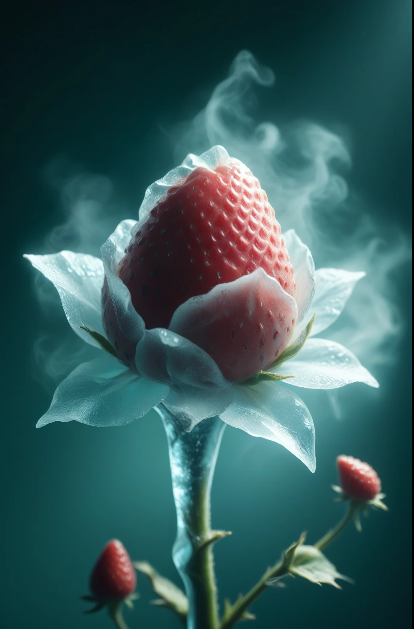 Highest quality、masterpiece、Strawberry single flower、バラのPetals are strawberry、Petals are strawberry、Strawberries made of ice like roses、Ultra-realistic strawberry with stem、Gradation、Dark Background、Spotlight、Dry ice smoke