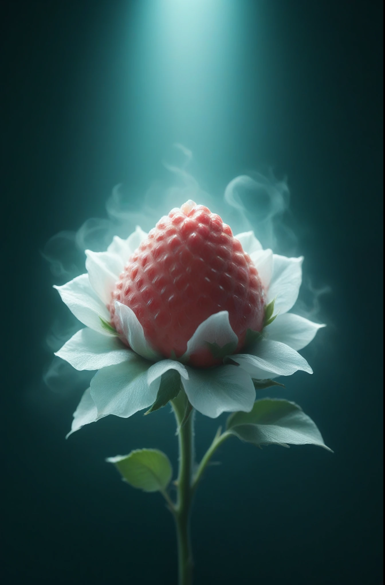 Highest quality、masterpiece、Strawberry single flower、バラのPetals are strawberry、Petals are strawberry、Strawberries made of ice like roses、Ultra-realistic strawberry with stem、Gradation、Dark Background、Spotlight、Dry ice smoke