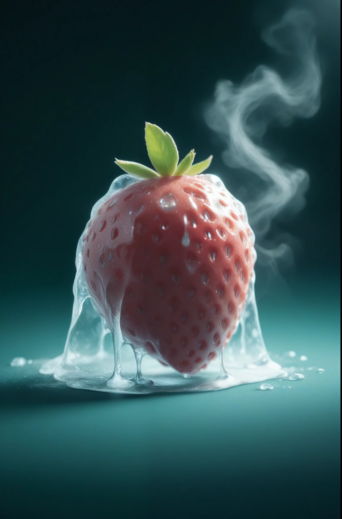 Highest quality、masterpiece、strawberryの一輪の花、バラの花がstrawberry、strawberry、氷で作られた氷のバラの花の様なstrawberry、超リアルな茎とstrawberry、Gradation、Dark Background、Spotlight、Dry ice smoke