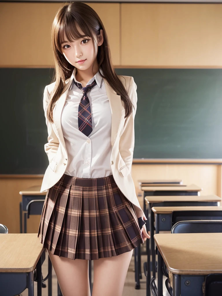Product quality,1 girl,Cowboy Shot,Front view,Young and pretty girl in Japan,Daytime, ((High school classroom:1.2)),Schoolgirl uniform,blazer,wear,wear a super short blue plaid pleated micro mini skirt,No underwear,Very cute face,Glossy Lips,Double eyelids on both eyes,(Natural Makeup),shiny smooth light brown long hair,,,Asymmetrical bangs,Center image,8k resolution,Attention to detail,Detailed hairstyle,Detailed face,Cinema Lighting,Octane Rendering,Ultra-realistic,Perfect limbs,Beautiful legs,Voluptuous thighs,Huge breasts,Perfect Anatomy,Spread your legs,((Provocative dynamic pose)),Skirt flip,(Spreading pussy:1.5)