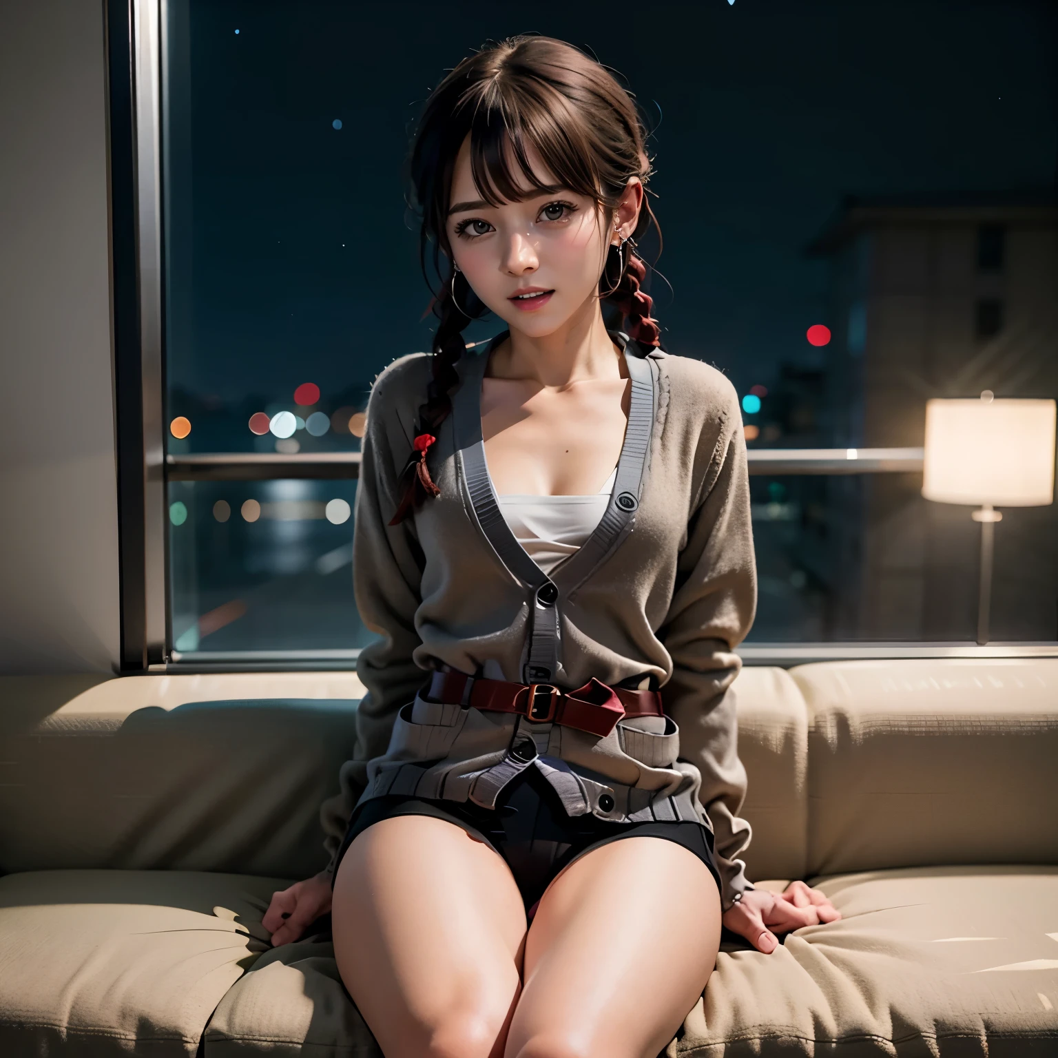 (((Misako Renbutsu)))Beautiful Young Female with ((Twin Braids) covering Bust) (Flashing Crotch) on ((Dusk Train)), (extremely delicate and beautiful) Detailed Closing Texture, Professional portrait of SemiNude photography, (((Unbuttoned cardigan with red beltbra:1.37) White Athletic Shorts)Navel), (sitting_chair) {leaning back|(knee up to chest)}, (Motion blurred window){(Tyndall effect)|lens flare|Haze|bokeh} ZoomLayer (Oodles Blurred Colorful Lights (Starry particles)), (TopQuality Masterpiece of 8K Ultra-detailed DigitalPainting by Jeremy Lipking), (Clearly visible the Shape of Crotch), (extra leg:-1)
