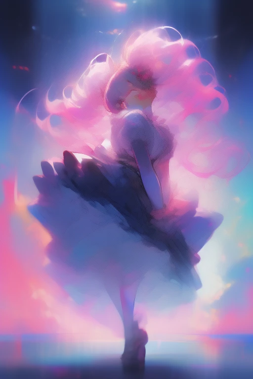Browsing Caution, masterpiece, high quality, detailed,girl, Lux 15,Year ,Huge breasts  , Chubby、Dark blue dress、White frills、No sleeve ,shy, Embarrassing, Dancing, View your viewers, Pink Eyes、(Dark pink twintails 1.4), Navy color ribbon、  Upside down hair, internal, In the room, in the afternoon, cute, Full Body Shot、(Ocean Background:1.4)