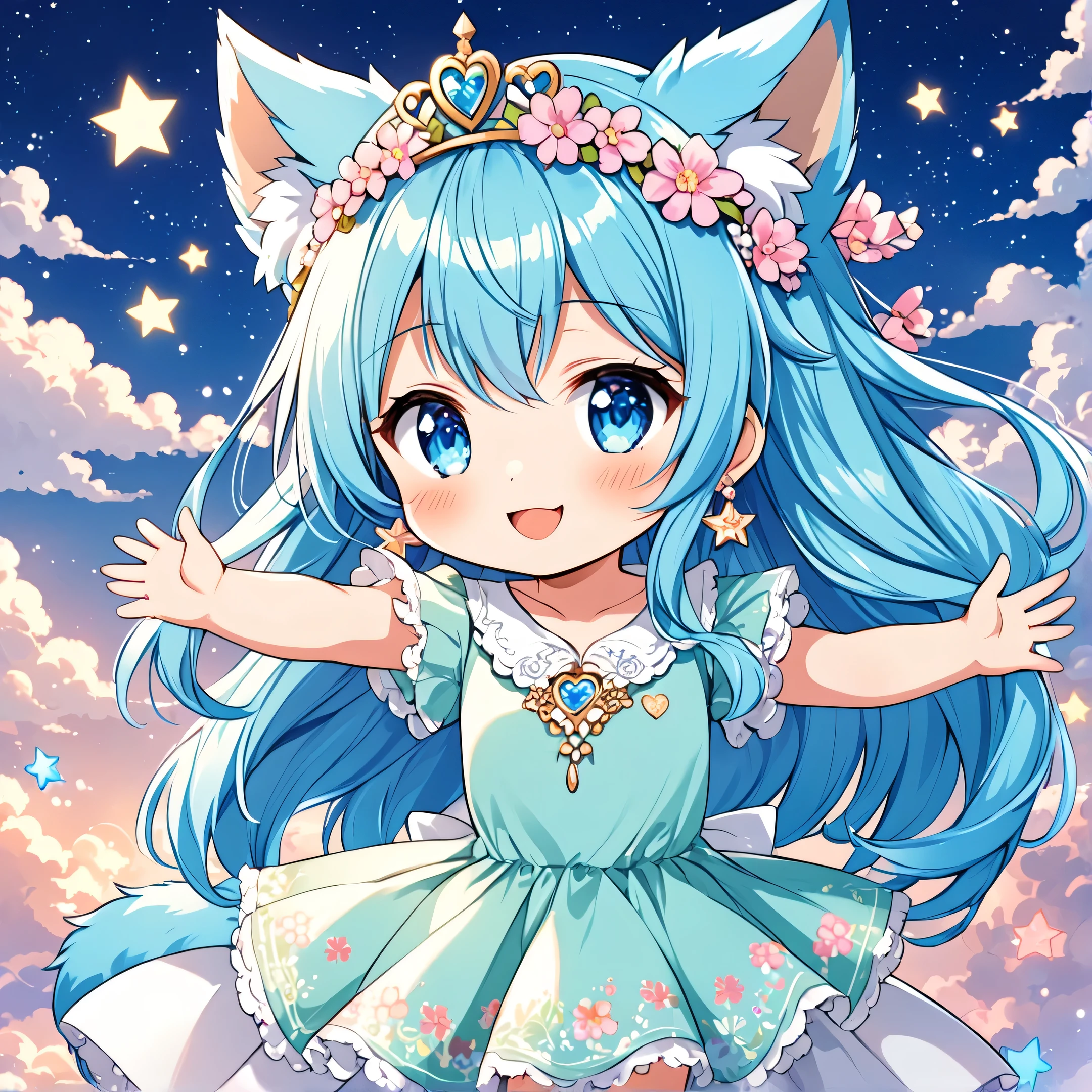 The mascot of the Anime Lover Brazil website is a Japanese demi-human journalist with a charming appearance and a vibrant personality.. Your hair is sky blue, long and a little wavy, falling gracefully from the shoulders. Your eyes are big and clear, always glowing with curiosity and enthusiasm. The skin is clear and smooth, highlighting your semi-human nature with a delicate lightness.The mascot has wolf ears covered in soft blue fur, positioned on top of the head, giving a lovely and distinctive appearance. She has a blue wolf tail that wags happily, reflecting your emotions.
For spring, the mascot wears a light and flowing light pink or mint green dress, with delicate floral prints. The dress has short sleeves and is slightly flared, providing freedom of movement. On the feet, She wears comfortable flats matching her dress. As an accessory, she can wear a flower tiara that complements her sky blue hair. Small heart or star shaped earrings remain, adding extra charm. The mascot continues to display a beaming smile or an expression of curiosity.
She also wears small heart or star shaped earrings., adding extra charm.The mascot is often seen with its arms cutely crossed or with one hand raised, as if explaining something enthusiastically. She always wears a beaming smile or an expression of curiosity, ready to discover new stories.