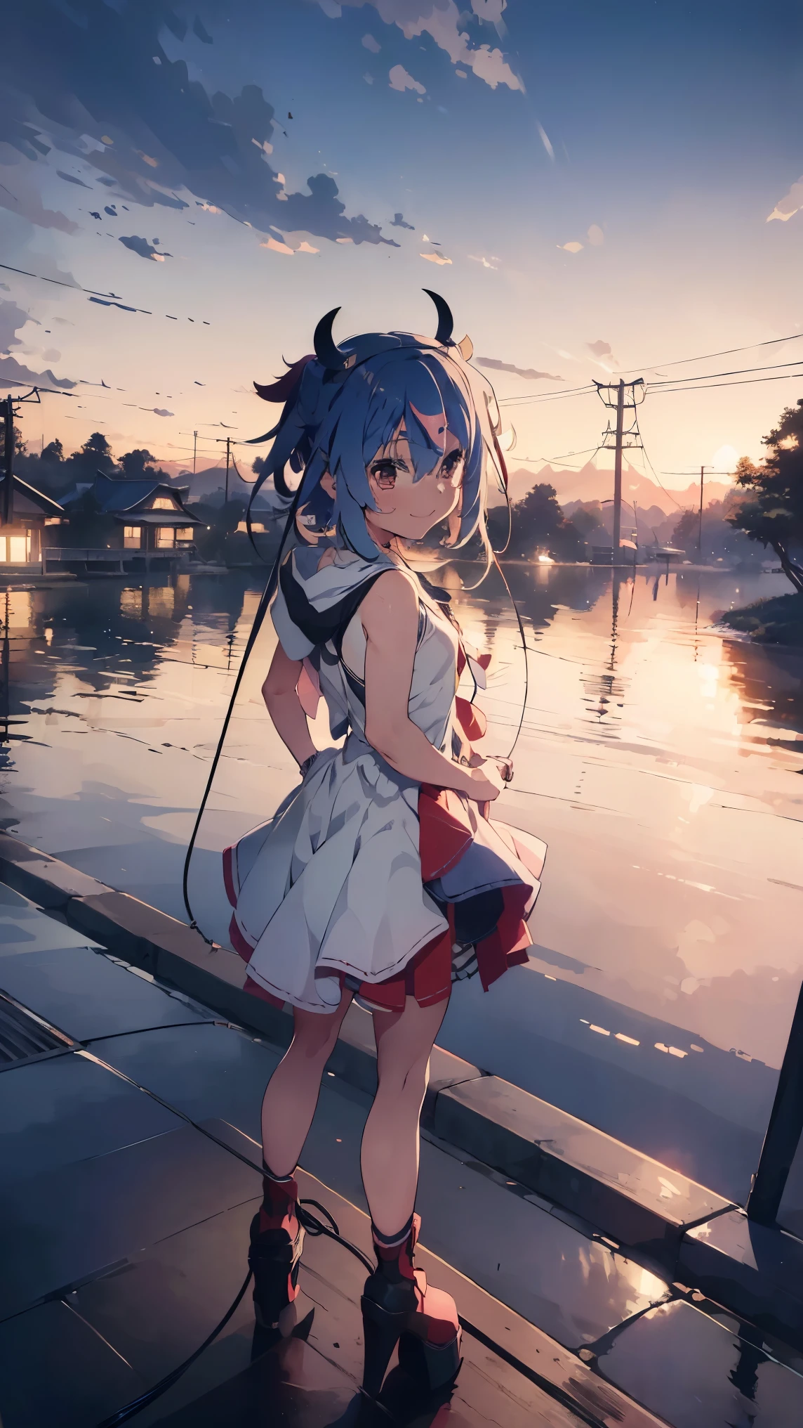 masterpiece, Highest quality, High resolution, Very detailed,(((Mikoto Naruka))), (((station)))、(((electric wire)))、(((smile)))、(((Standing in the distance))), (((Looking back。))), Electric pole, night, (((platform)))