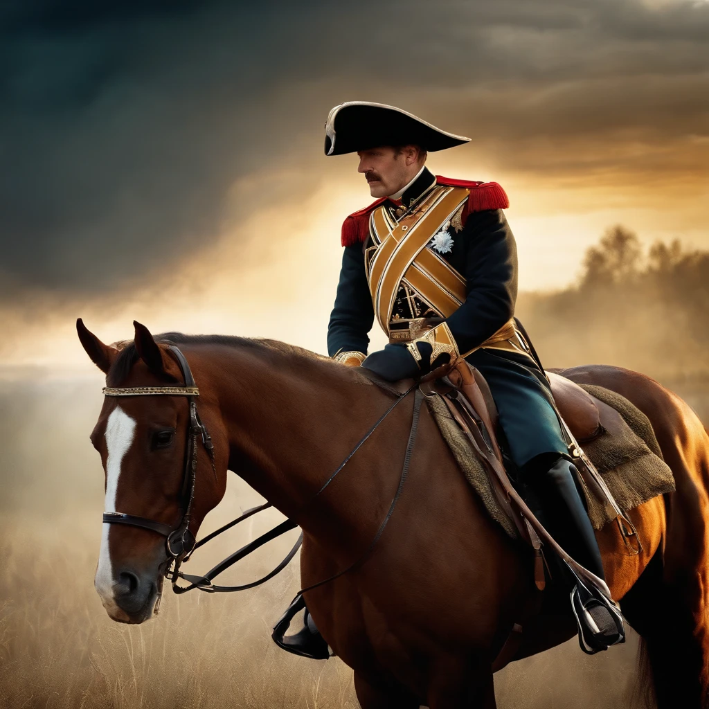Create an image, the plot is a work of Tolstoy's war and peace, on a sunny day together with the French attacking the Russians, draw a very good image in detail, the wind blows at everyone, guns are firing smoke and fire all around, everyone is afraid and tense, guns are firing, horses are running with hussars
