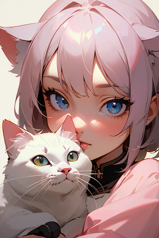 Background is solid color, cute cat, Short Bob, Highest quality, masterpiece, Highly detailed CG Unity ,masterpiece, Expressive eyes, Perfect Face, Soft pink lips, Airy, Anya,Spy Family