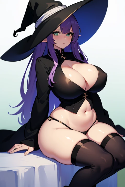 1girl, solo, bleach, matyre, mature, curvy, huge breasts, big hips,
 long bangs cover one eye, long hair, straight hair, purple hair, elf ears, green eyes, tight black dress, black lipstick, Black mini shirt, belly, curvy shape, Witch hat, green dress, black black stockings, green boots, black raincoat, stand, holding white rose, ass focus, close up