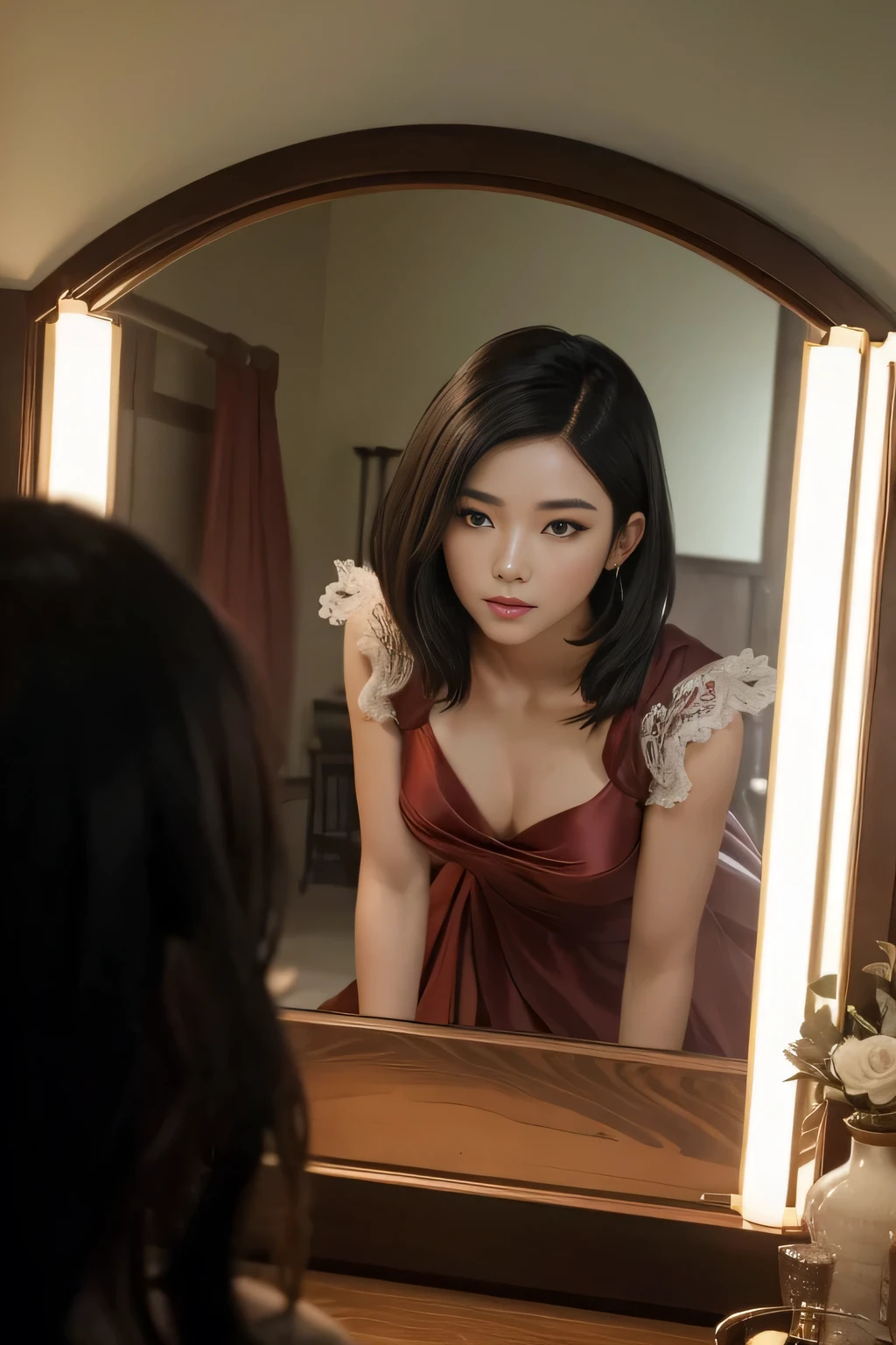 (Best quality, 8k, 32k, Masterpiece, UHD:1.2) "Generate a captivating artwork featuring a young Japanese girl model with short, sleek black hair styled in a chic bob haircut. Envision her bathed in dramatic cinematic lighting, creating an atmosphere of allure and mystery. Emphasize a romantic aesthetic vibe, showcasing the model in a poised and elegant pose that evokes a sense of intimacy and sophistication. Utilize warm and soft tones to enhance the romantic ambiance, and consider incorporating elements like flowing fabrics or flowers to add a touch of ethereal beauty. Capture the essence of romance and beauty through the model's expression, the play of light and shadows, and the overall aesthetic, creating a visually compelling and emotionally resonant piece." (perfect eyes), flawless skin, flawless face, cinematic, tight body, ((well-proportion female hands))