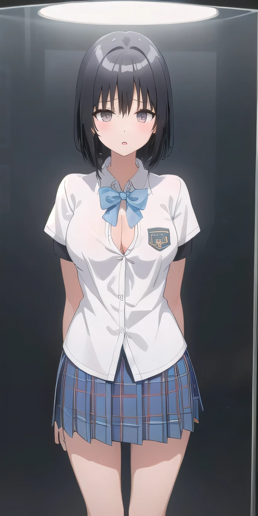 ((最high quality, High resolution, ユニティ 8k wallpaper)), (figure:0.8), (beautiful目:1.6), Highly detailed CG, Night Time, One girl, Black Hair, Large Breasts, Hotel, Clear skin, (Hollow Eyes),(masterpiece), wallpaper,high resolution,Intricate details, beautiful, sexy, erotic, Obscene, Noise Reduction,Sensual,Seductive pose,Cute anime face,Dog collar,high quality,Anime Style,Sexual,Shiny Hair,Expressionless,(ラブHotel:1.3),Showing cleavage,Emotionless face like a mannequin,Slightly open the mouth,Medium Short Hair,A girl standing upright like a living mannequin, (A girl standing upright in a glass case) , (Girl in a glass case), (A girl stands upright in a glass case),Full body portrait, Plastic, shiny skin,((school uniform,White short-sleeved shirt,Dark blue checked mini skirt)))