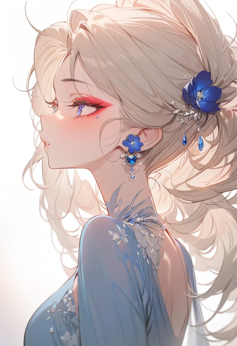 (masterpiece, best quality:1.2), 1 girl, solitary, Skin details, Beautiful facial features, Exquisite makeup, Exquisite eyes, Eye details, Gorgeous blue dress, contour, Messy hair, flash,Profile
