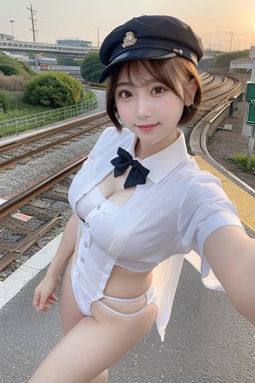 4K,8k,Masterpiece,Realistic),Super Resolution:1.3、Real、(Japanese:1.3)、 RAW Photos、(Realistic:1.7)、looking at the camera、Symmetrical face、(Beautiful face in every detail)、Good looking、Age 25、Japaneseアイドル、Beautiful eyes、Natural Makeup、Cleavage、smile、conductor、train、short hair、See-through、、Wear a white blouse、Show a little underwear、Bold behavior、Sexy Uniform、Uniform cap、Outdoor、Station platform、sunset、from above:1.5