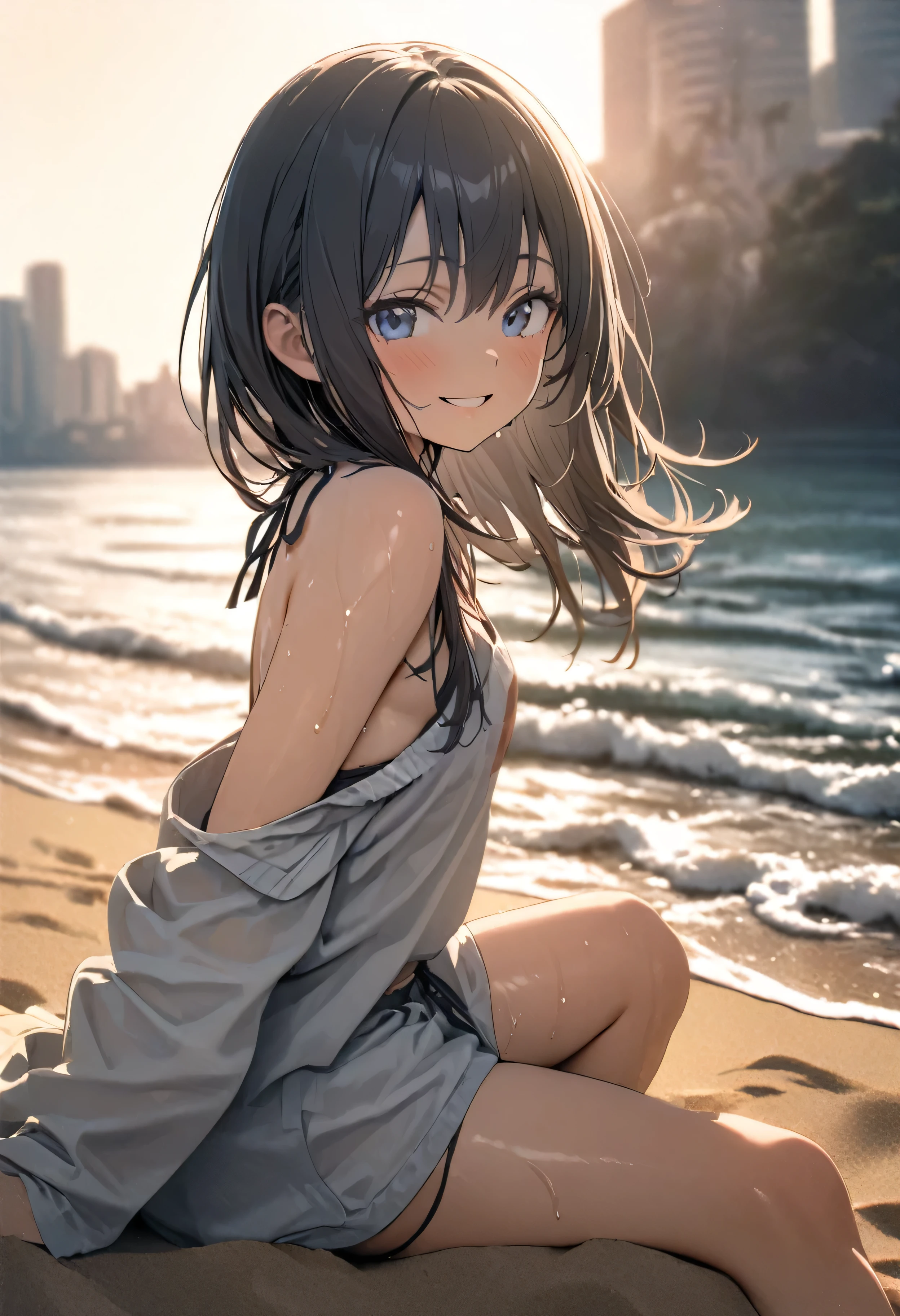 (Highest quality, masterpiece, High resolution), (High resolutionスキン: 1.2), 8K  UHD, Backlight, Background Blur, smile, One woman, Woman in bikini sitting on sandy beach, Strong sunlight, A beach with a glittering blue water surface, In the distance, the European cityscape looks small and hazy., sunny, Summer sunshine, Wet Skin, 10 years old