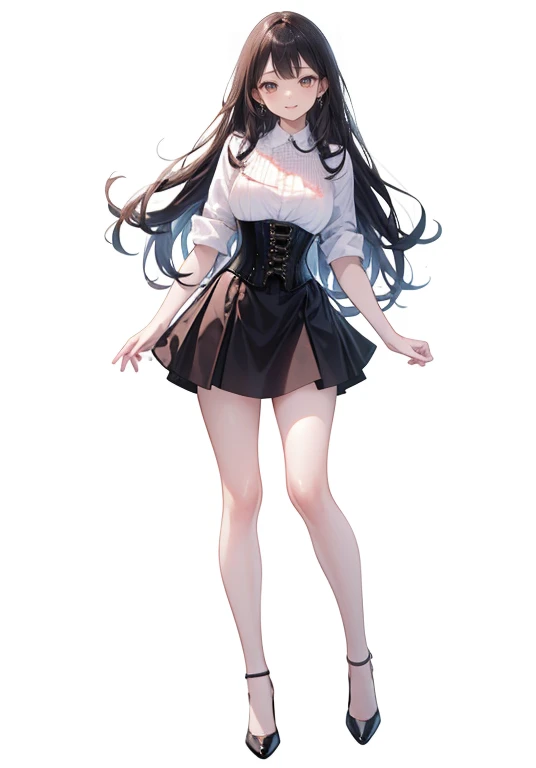 ((Perfect Face)),long Hair,Adult female,White shirt,((Shirt with rolled up sleeves)),(((Roll up your sleeves))),((corset)),short skirt,(High heels),((Simple White Background)),((full body)),((Full Body)),