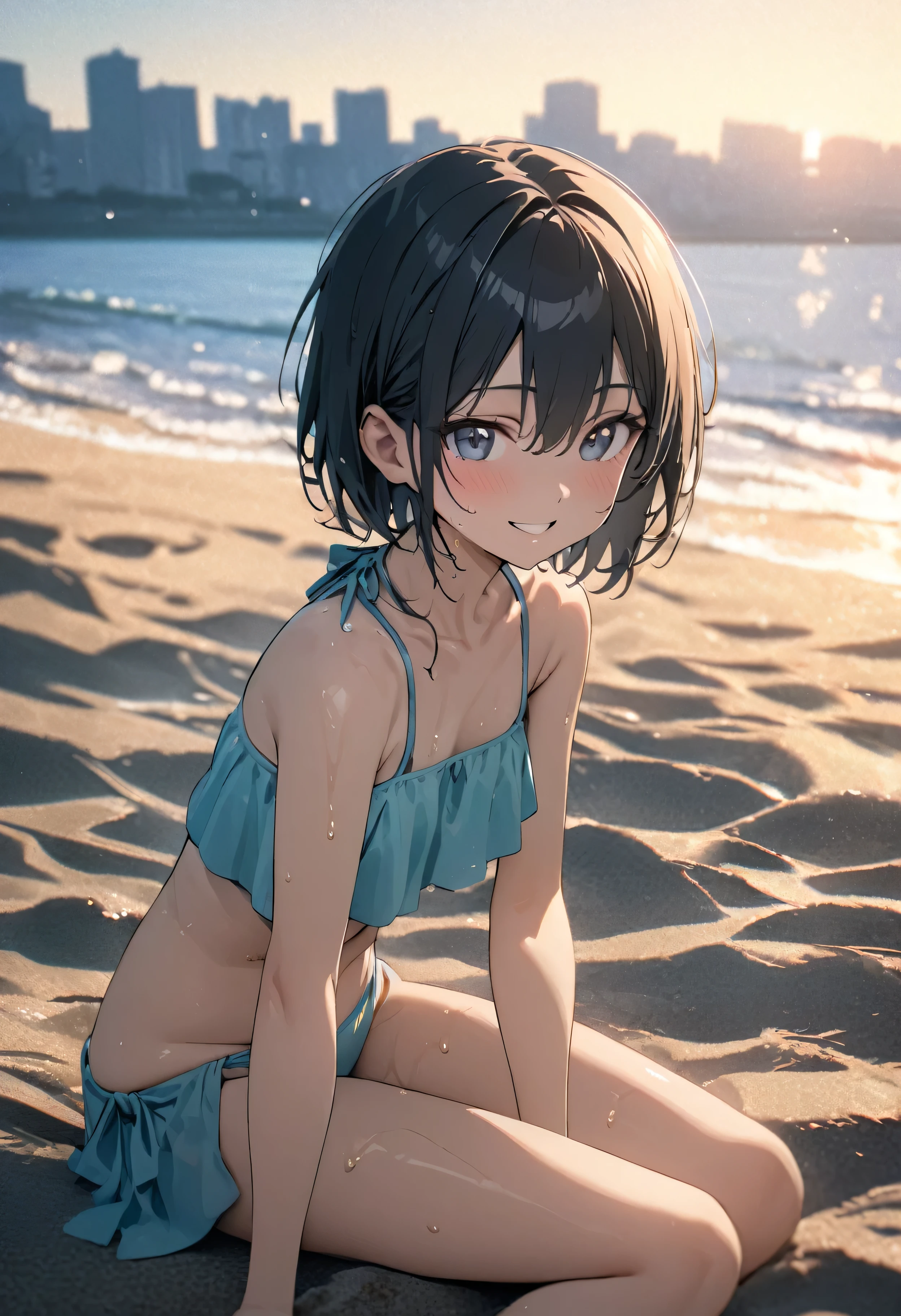 (Highest quality, masterpiece, High resolution), (High resolutionスキン: 1.2), 8K  UHD, Backlight, Background Blur, smile, One woman, Woman in bikini sitting on sandy beach, Strong sunlight, A beach with a glittering blue water surface, In the distance, the European cityscape looks small and hazy., sunny, Summer sunshine, Wet Skin, ************