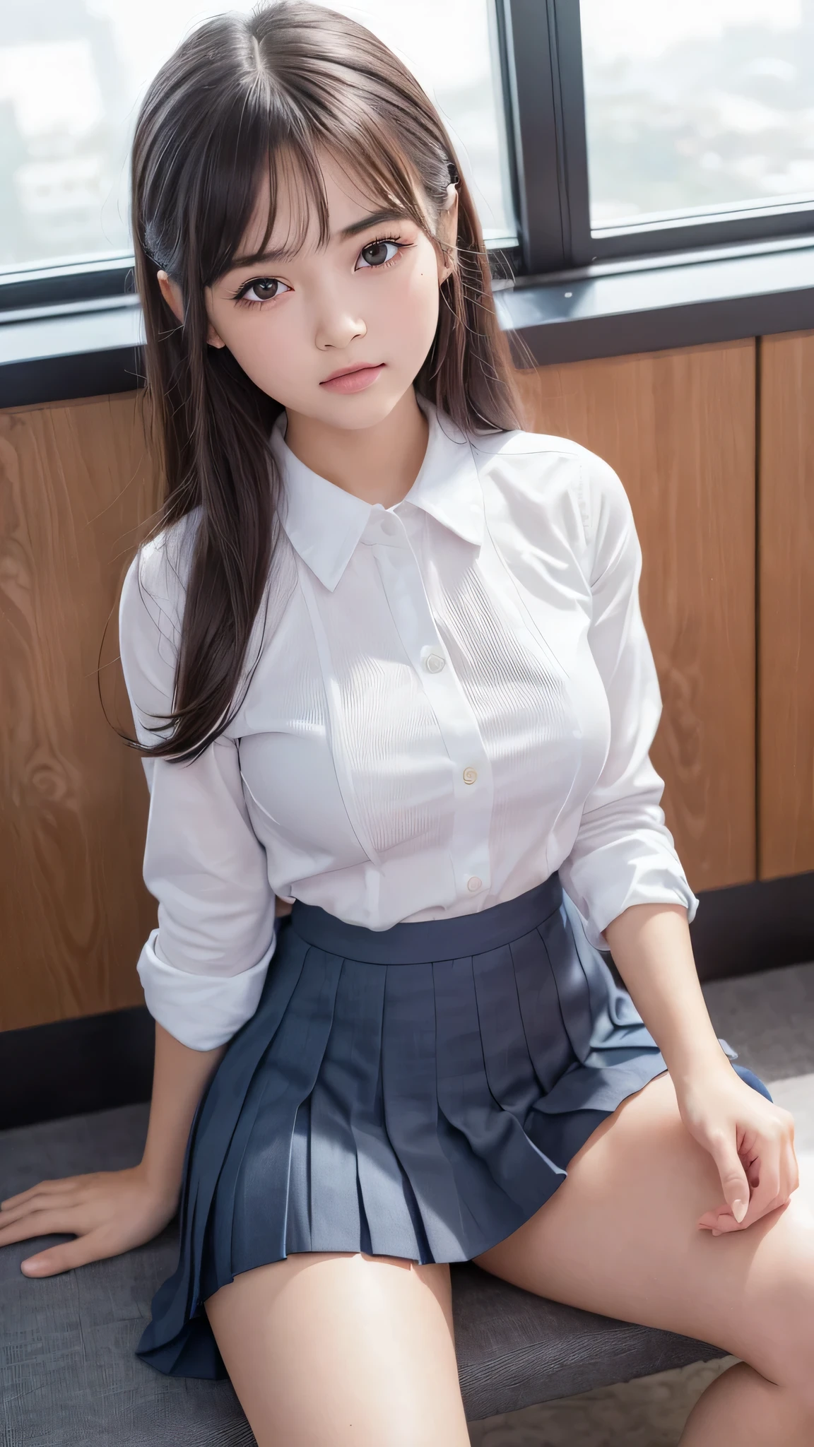 (1girl), kawaii, (Best Quality:1.4), (Ultra-detailed), (extremely detailed CG unified 8k wallpaper), Professional Photography, (hi-school uniform, pleated mini skirt:1.3), depth of fields, School, classroom, (sitting:1.3), (masterpiece:1.4), professional photography, (spread legs, cameltoe:1.2), (fine face:1.2),