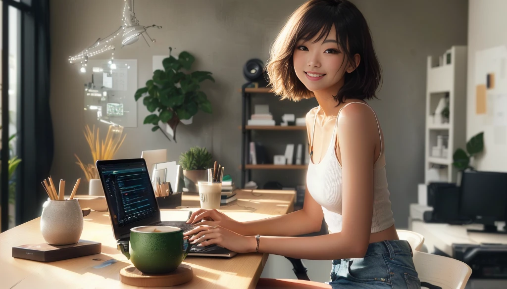 masterpiece, realistic, photorealistic, best quality, beautiful detailed, natural lighting, sharp focus, depth of field, A beautiful 20-year-old Japanese woman is working on a laptop at her desk at home. She has short brown hair and is wearing a white tank top and denim shorts. (smile), (white teeth), The desk is adorned with a matcha latte and a sleek digital stylus. Behind, there's a wall of vinyl records, a thriving urban garden, and augmented reality social media icons hovering nearby. The space exudes a hip, modern vibe that seamlessly integrates music, nature, and cutting-edge tech.