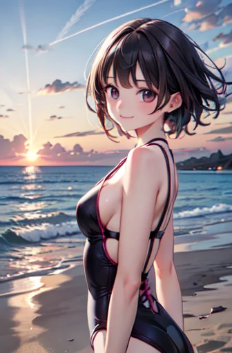 very cute and beautiful girl,(Very detailed美しい顔),One piece floral pink swimsuit,
Are standing,Put your arms behind your back,View your viewers,Beach,Tropical Resort Hotel,(smile),Black Hair,
(Highest quality,masterpiece),Absurd,High resolution,Very detailed,Very detailed,32K,
Movie Scenes,Detailed Background,alone,Dynamic Angle, Hair blowing in the wind,Beautifully detailed skies,Realistic,
