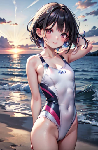 very cute and beautiful girl,(Very detailed美しい顔),One piece floral pink swimsuit,
Are standing,Put your arms behind your back,View your viewers,Beach,Tropical Resort Hotel,(smile),Black Hair,
(Highest quality,masterpiece),Absurd,High resolution,Very detailed,Very detailed,32K,
Movie Scenes,Detailed Background,alone,Dynamic Angle, Hair blowing in the wind,Beautifully detailed skies,Realistic,