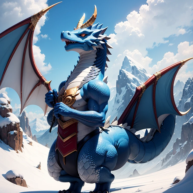 Masterpiece, best quality, high quality, Sisu Dragon, has 1Blue dragon horn, has 1Blue dragon tail, standing on the edge, Snowy Mountain, happy expression, 4k, 8k, highres, ultra-detailed, sunny day