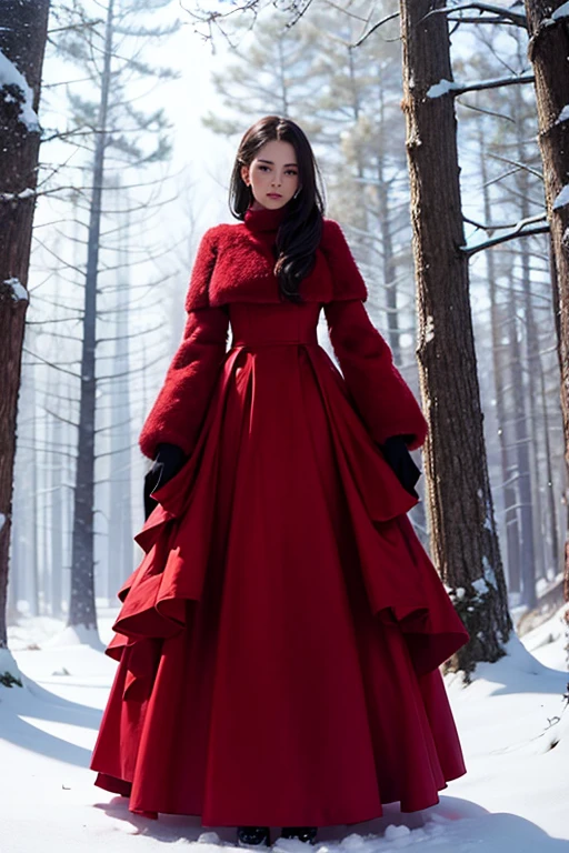 Woman wearing red gown, standing in a snowy forest