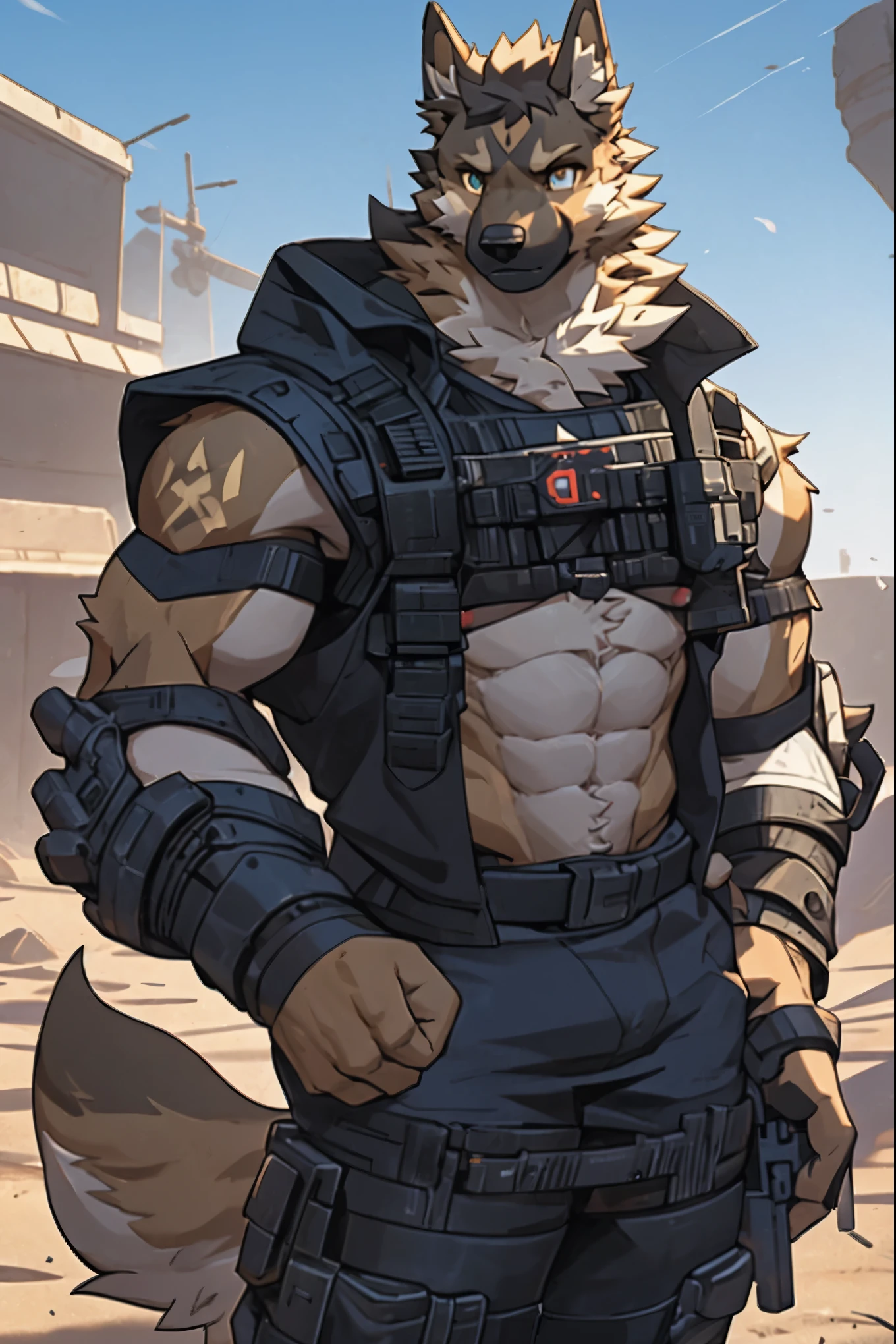 8k, Practical, High Detail, Very detailed, dog,(German Shepherd),Delicate eyes,Exquisite eyes,Extremely high detail,Wasteland Wind,Wasteland wind,High-tech sight,One hand is a robotic arm,Abs loom,Strong body,With a gun in hand,Facing the screen