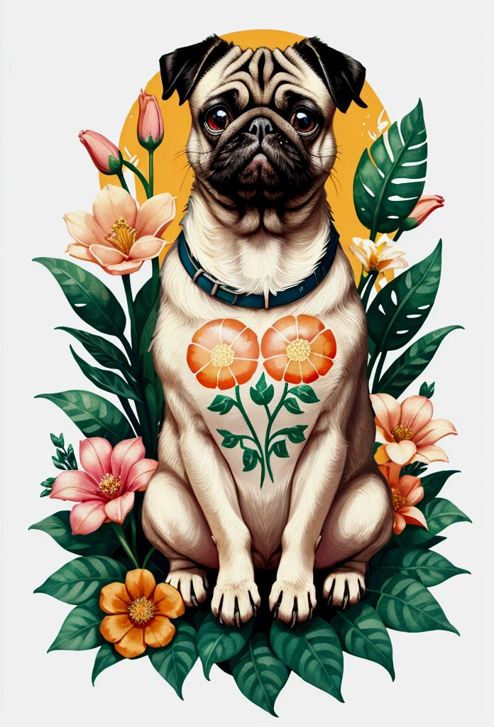 STICKER, A detailed illustration a print of vivid cute  Pug head, fantasy flowers splash, vintage t-shirt design, in the style of Studio Ghibli, white and orange flora pastel tetradic colors, 3D vector art, cute and quirky, fantasy art, watercolor effect, bokeh, Adobe Illustrator, hand-drawn, digital painting, low-poly, soft lighting, bird's-eye view, isometric style, retro aesthetic, focused on the character, 4K resolution, photorealistic rendering, using Cinema 4D