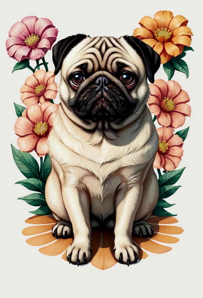 STICKER, A detailed illustration a print of vivid cute  Pug head, fantasy flowers splash, vintage t-shirt design, in the style of Studio Ghibli, white and orange flora pastel tetradic colors, 3D vector art, cute and quirky, fantasy art, watercolor effect, bokeh, Adobe Illustrator, hand-drawn, digital painting, low-poly, soft lighting, bird's-eye view, isometric style, retro aesthetic, focused on the character, 4K resolution, photorealistic rendering, using Cinema 4D