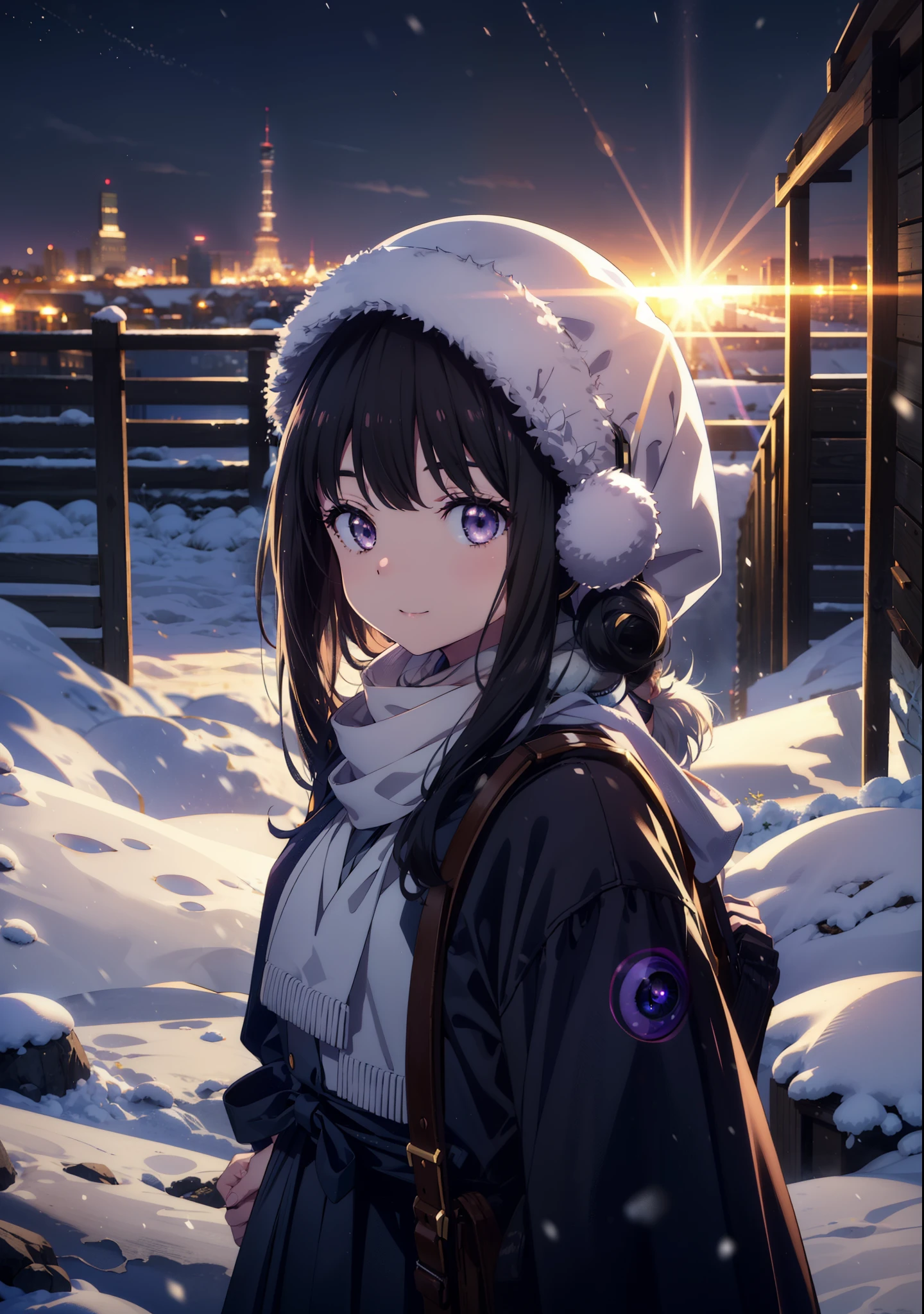 Takiuchikami,Long Hair, bangs, Black Hair, (Purple eyes:1.2),happy smile, smile, Open your mouth,Knitted hat,Earmuffs,Blue oversized coat,White scarf,Long skirt,Black pantyhose,short boots,snowが積もっている,snowが降っている,winter,Cold Sky,night,moonlight,snow,snow,snow,snow,whole bodyがイラストに入るように,Walking,
break looking at viewer, whole body,
break outdoors, city,construction area,
break (masterpiece:1.2), highest qualそれy, High resolution, unそれy 8k wallpaper, (shape:0.8), (Beautiful and beautiful eyes:1.6), Highly detailed face, Perfect lighting, Extremely detailed CG, (Perfect hands, Perfect Anatomy),