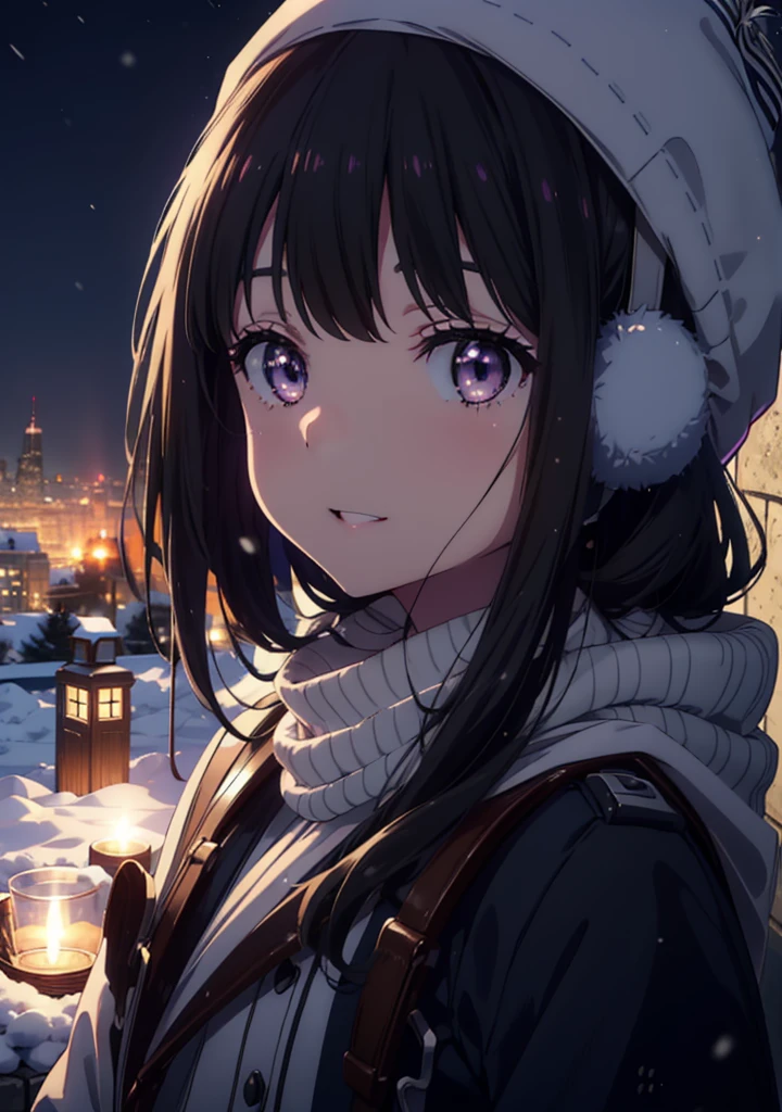 Takiuchikami,Long Hair, bangs, Black Hair, (Purple eyes:1.2),happy smile, smile, Open your mouth,Knitted hat,Earmuffs,Blue oversized coat,White scarf,Long skirt,Black pantyhose,short boots,snowが積もっている,snowが降っている,winter,Cold Sky,night,moonlight,snow,snow,snow,snow,whole bodyがイラストに入るように,Walking,
break looking at viewer, whole body, 
break outdoors, city,construction area,
break (masterpiece:1.2), highest qualそれy, High resolution, unそれy 8k wallpaper, (shape:0.8), (Beautiful and beautiful eyes:1.6), Highly detailed face, Perfect lighting, Extremely detailed CG, (Perfect hands, Perfect Anatomy),