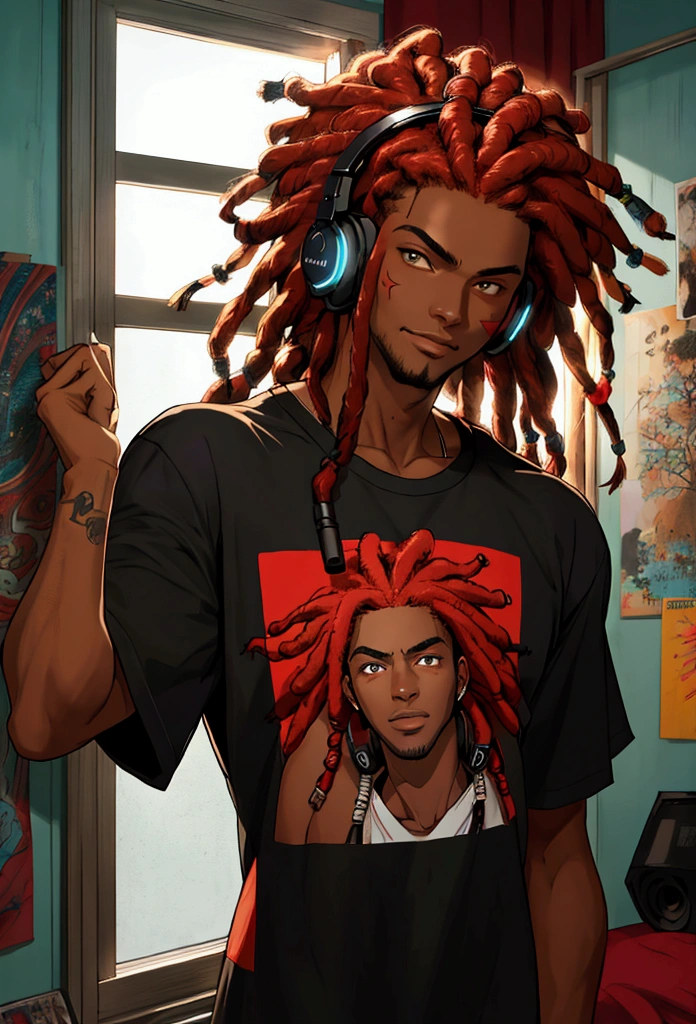vintage anime t-shirt design, um homem afro-americano com dreadlock, a pair of headphones, in your room facing the window, looking at the dark night, illuminated by city LEDs, (extremely detailed face and body), swirly vibrant colors, (portraite), red color tone, dramatic lighting, (best qualityer, ultra detali, highres), realisitic