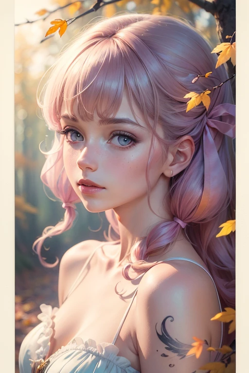 (8k, Highest quality, masterpiece:1.2),(Highest quality:1.0), (Ultra-high resolution:1.0), watercolor, Beautiful woman, shoulder, Hair Ribbon, Agnes Cecil, Half Body Portrait, Very bright and luminous design, pastel colour, (ink:1.3), Autumn Light,