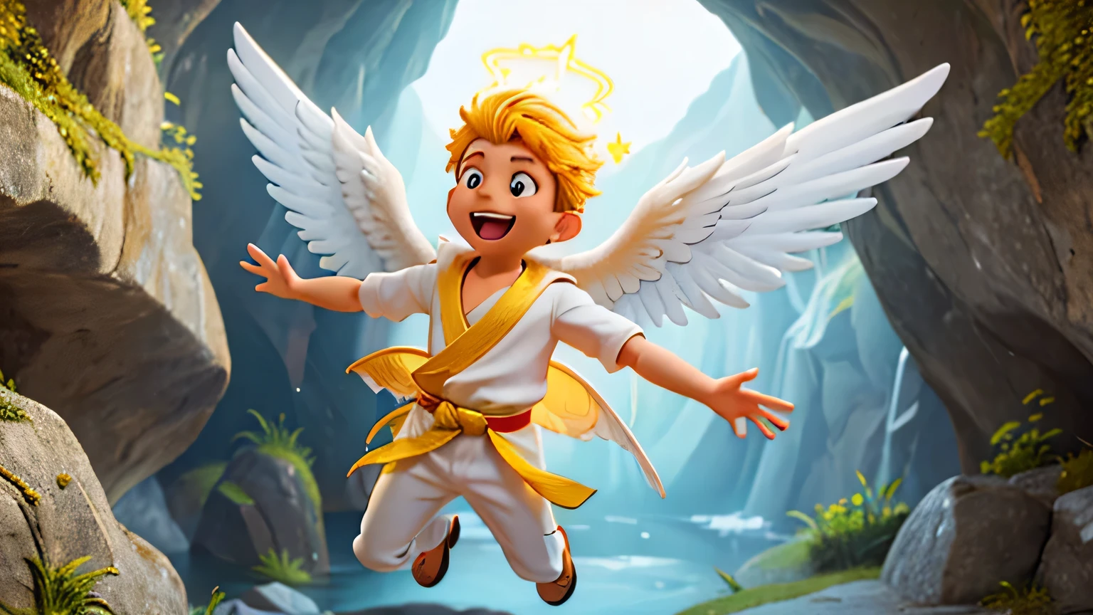 a happy angel, young man with cheerful expression, wearing a white robe, glowing yellow aura, flying gracefully near the entrance of a cave with a rock wall, detailed facial features, intricate feathered wings, vibrant colors, cinematic lighting, high quality, photorealistic, masterpiece