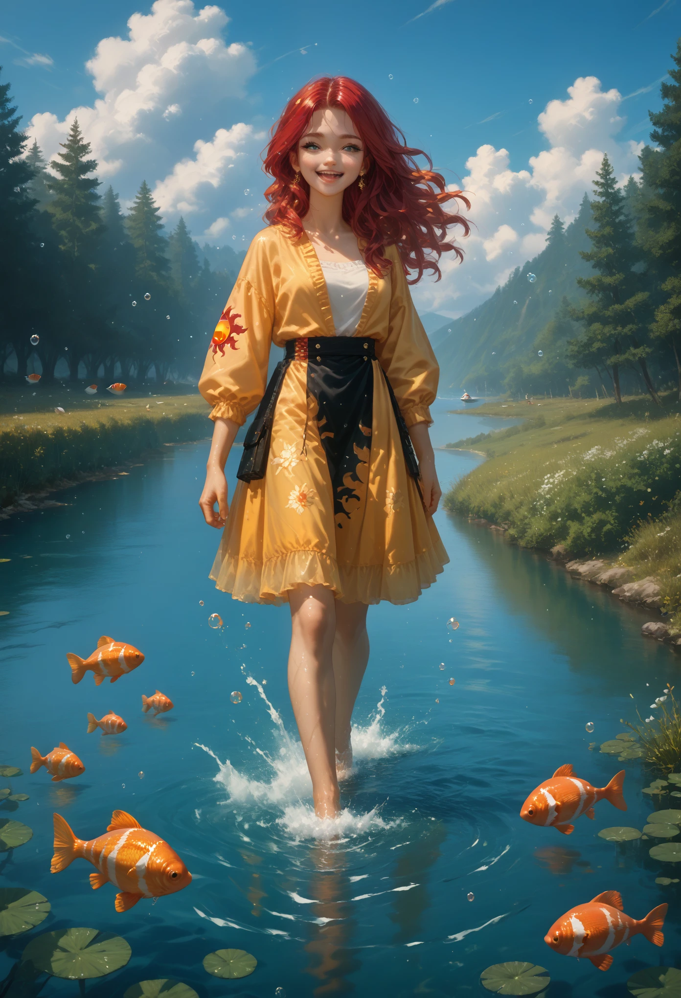 Young woman,Walking on water,Bright,beautiful,sexy,two Hair Colors Purple Yellow,Playful walk,Dressed in a Light Tunic with Beautiful Golden Shimmer,Happy woman smiles and rejoices,Soft clouds float across the sky,Everything is reflected in the river,full detailed,Maximum Effects,The Brightest Colors,masterpiece,ultra detail,Maximum elaboration,Fish and Some Bubbles,Everything is Alive and You Feel the Atmosphere,Verbatim Detail