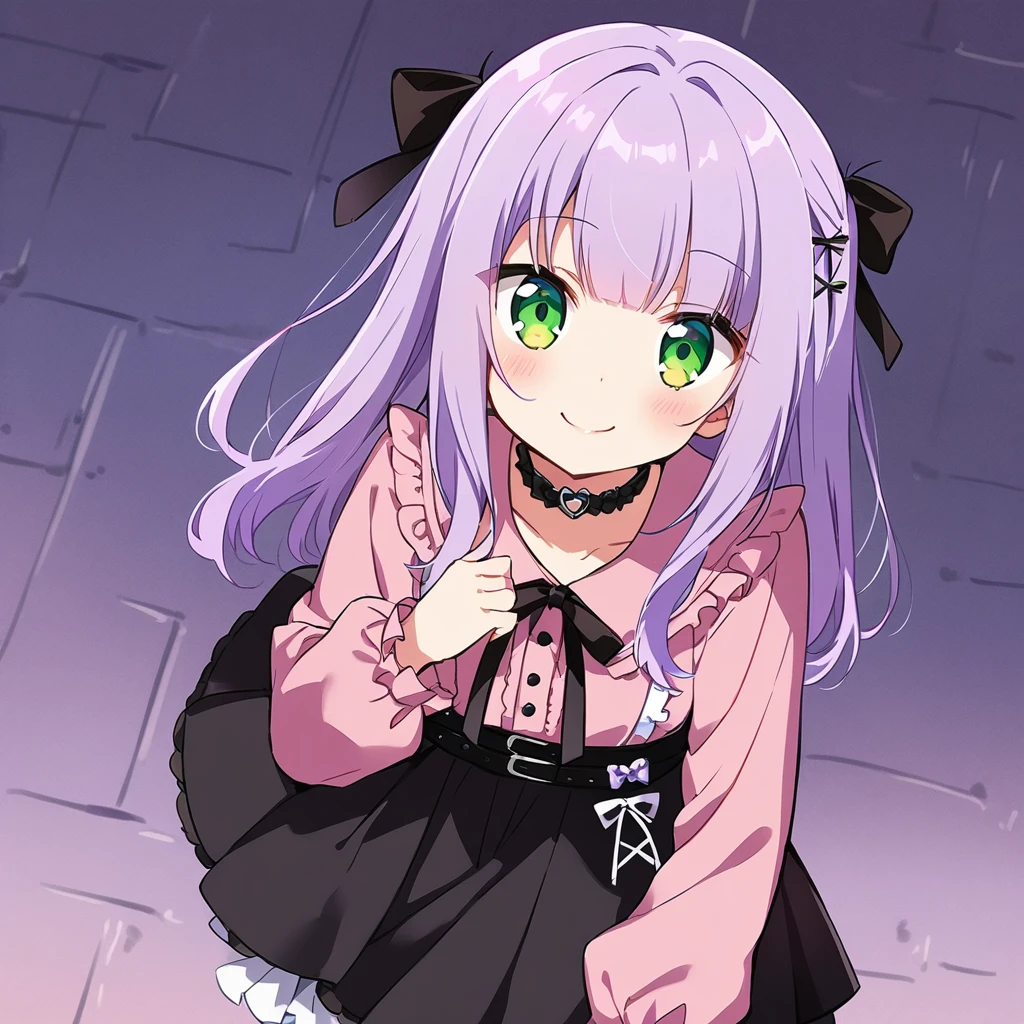 A girl, cute, kawaii, masterpiece, detailed description, detailed line drawing, (a girl with closs hair pin, looking at viewer. Light purple hair, smiling face, green eyes. closs hair pin, pink shirt, cosplay, jirai kei, bangs, black skirt, black bow, looking at viewer, bow, long sleeves, choker, ribbon:1.4), anime visual, (tilt head:1.3),