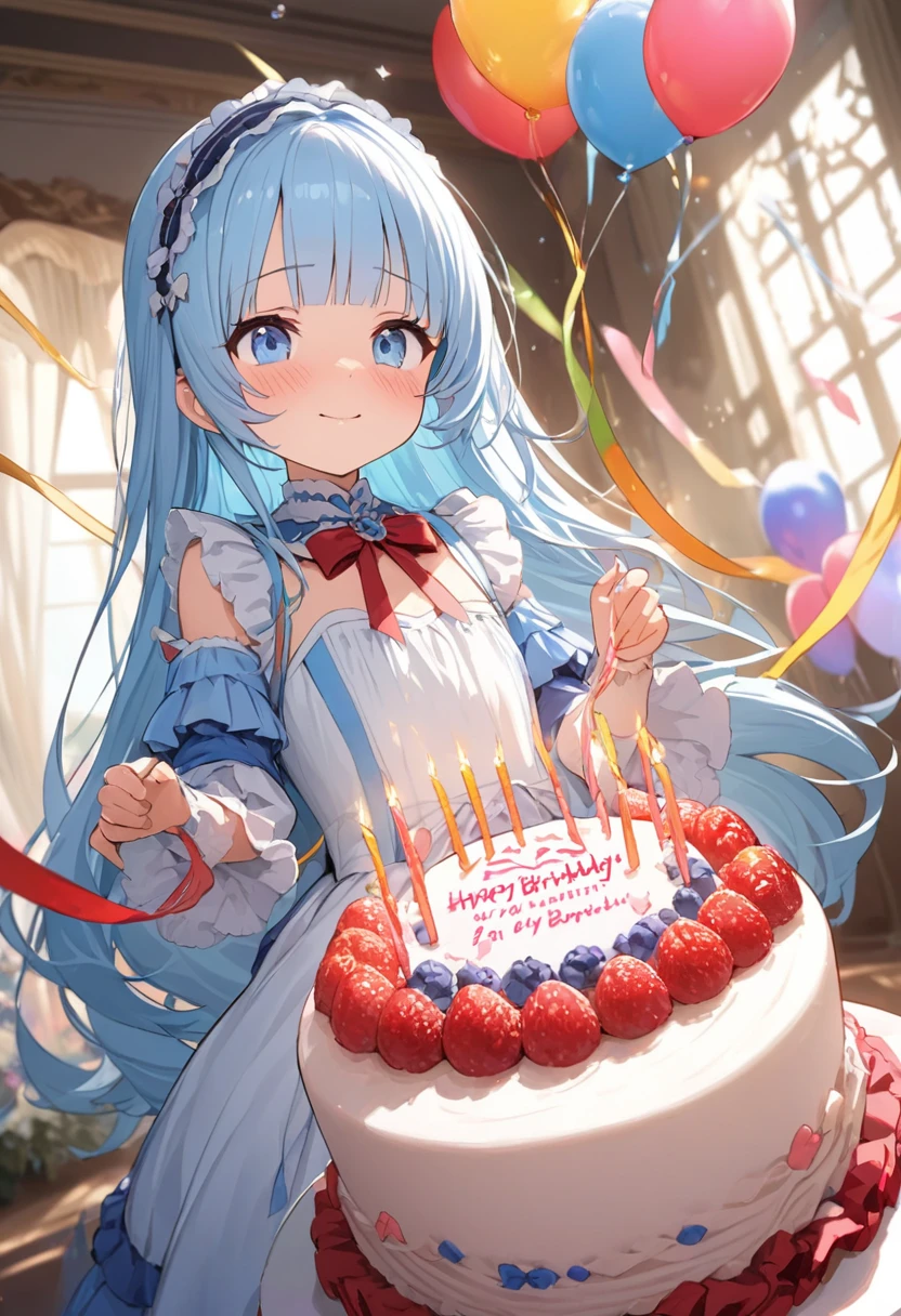 masterpiece, best quality, extremely detailed, (illustration, official art:1.1), 1 girl ,(((( light blue long hair)))), ,(((( light blue long hair)))),light blue hair, , long hair ((blush)) , cute face, big eyes, masterpiece, best quality,(((((a very delicate and beautiful girl))))),Amazing,beautiful detailed eyes,blunt bangs((((little delicate girl)))),tareme(true beautiful:1.2), sense of depth,dynamic angle,,,, affectionate smile, (true beautiful:1.2),,(tiny 1girl model:1.2),)(flat chest),shy， (Masterpiece, best quality)
(detailed light), (an extremely delicate and beautiful), volume light, best shadow, flash, Depth of field, dynamic angle, Oily skin
upper body, 1 Girl on her birthday, extremely detailed big birthday cake,
Colorful Lolita dresses, lots of pretty ruffles, red bows, headbands,
Make a wish
Beautiful elegant room, lots of streamers, balloon
BREAK
Happy Birthday Song：
Happy birthday to you
Happy birthday to you
Happy birthday, happy birthday
Happy birthday to you,(((Embarrassed)))