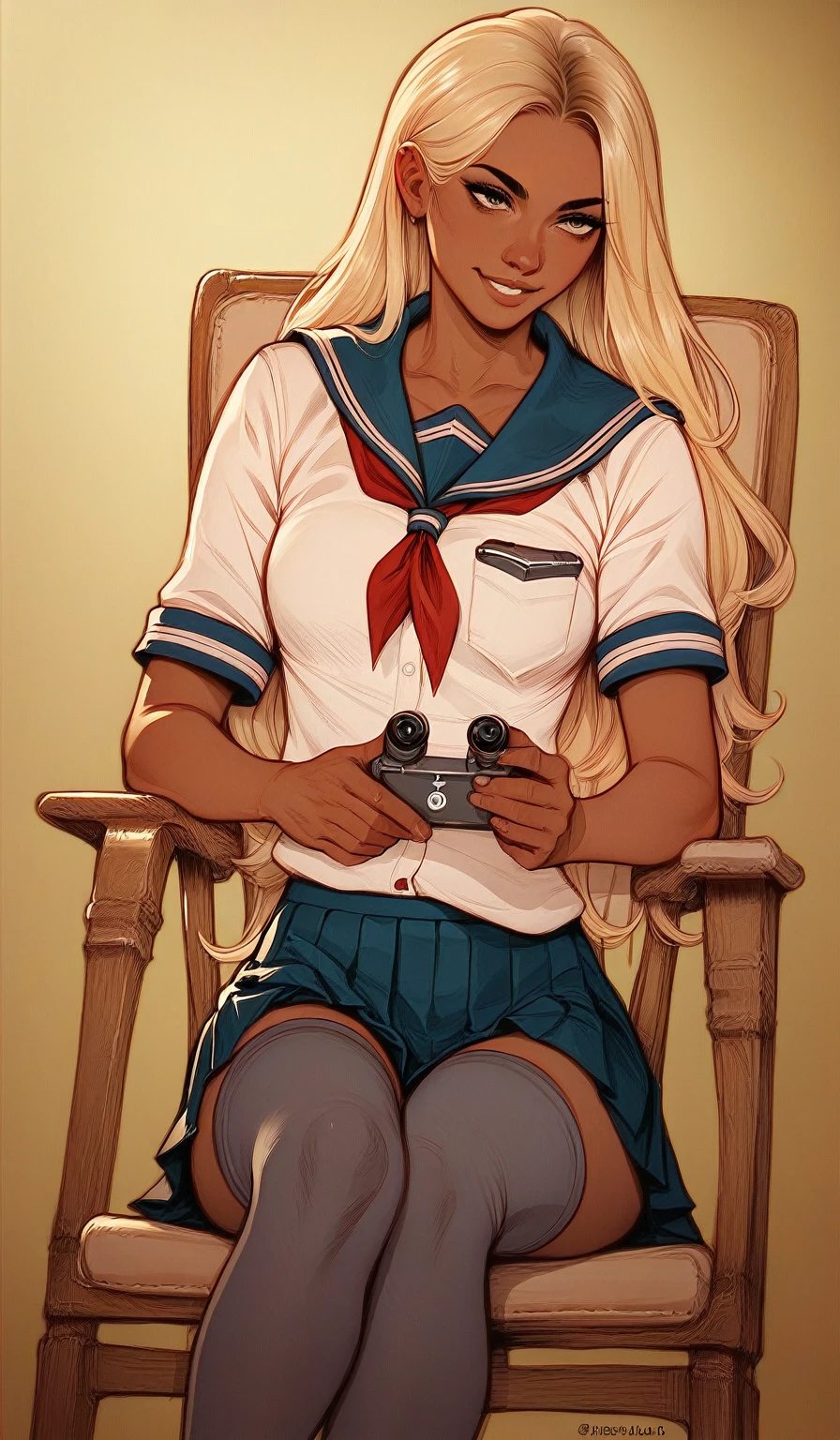 score_9, score_8_up, score_7_up, score_6_up, score_5_up, score_4_up, gray thigh highs, blonde hair, brown skinned, blonde hair, school uniform, school skirt, atheltic body, playing with hair, slight smile, sitting in chair facing camera