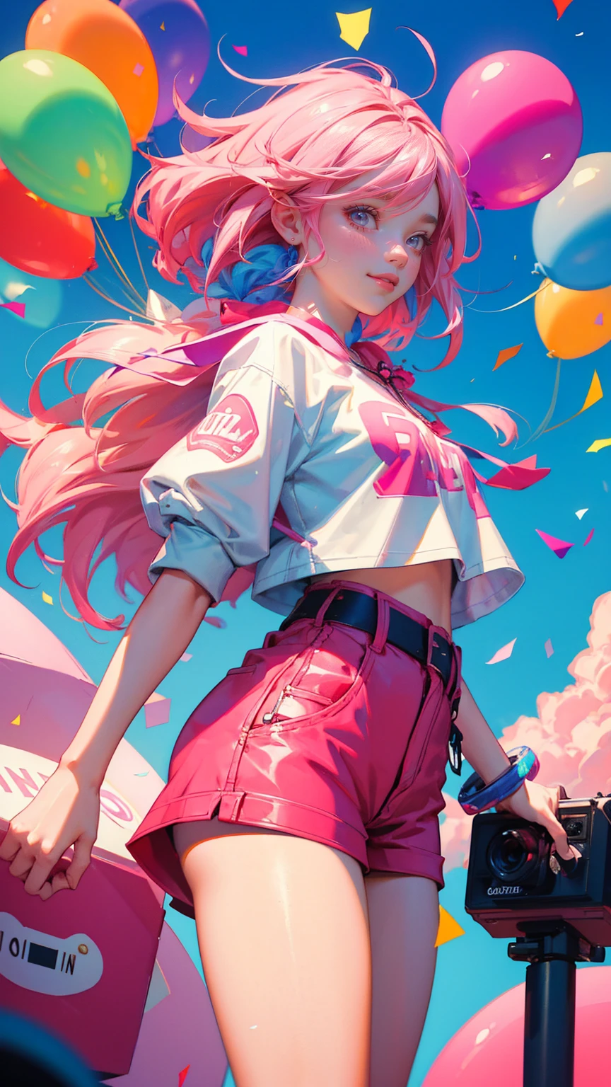 A beautiful cute girl  cover of people partying in front of the news station with balloons and confetti, with the sign "AnimeAd graded" written on it, depicting an "annovation". A cute gril wearing a beard is smiling, a woman has pink hair, short shorts and colorful . The image uses vibrant colors, high resolution, high quality, high detail and high contrast. The style is reminiscent of a professional photography with a wide angle shot and detailed illustration, in the comic style of an award-winning artist