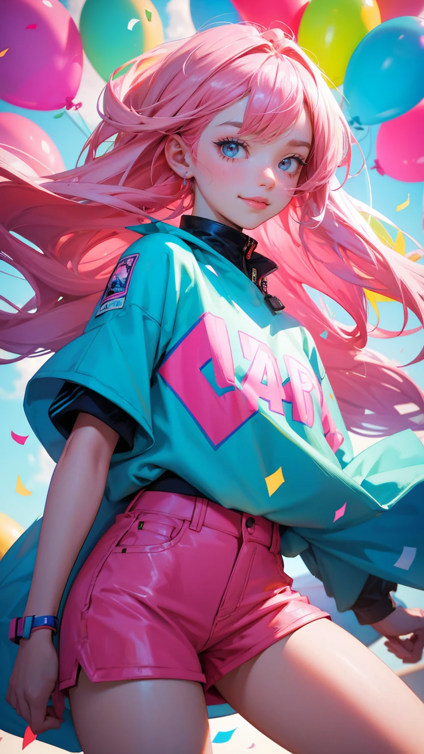 A beautiful cute girl cover of people partying in front of the news station with balloons and confetti, with the sign "AnimeAd graded" written on it, depicting an "annovation". A cute gril wearing a beard is smiling, a woman has pink hair, short shorts and colorful . The image uses vibrant colors, high resolution, high quality, high detail and high contrast. The style is reminiscent of a professional photography with a wide angle shot and detailed illustration, in the comic style of an award-winning artist