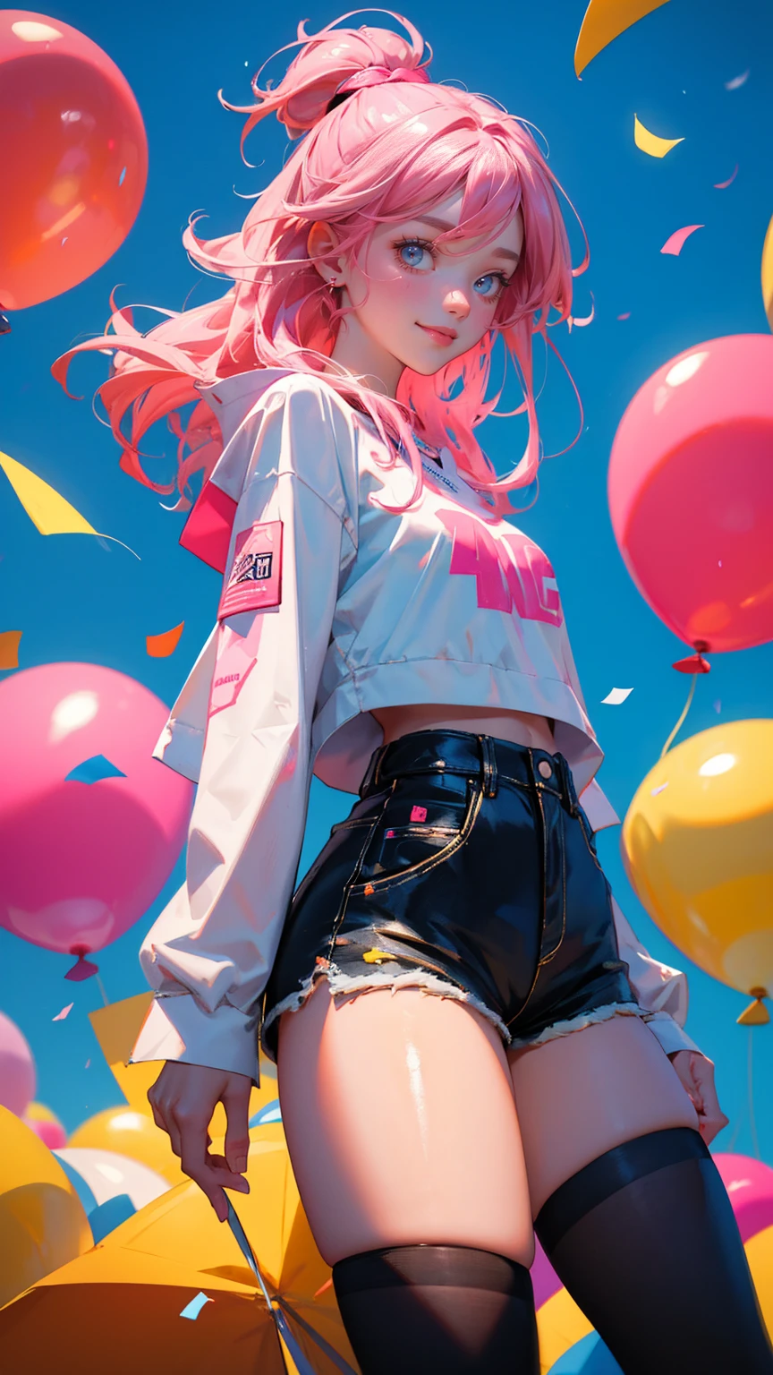 A beautiful cute girl  cover of people partying in front of the news station with balloons and confetti, with the sign "AnimeAd graded" written on it, depicting an "annovation". A cute gril wearing a beard is smiling, a woman has pink hair, short shorts and colorful . The image uses vibrant colors, high resolution, high quality, high detail and high contrast. The style is reminiscent of a professional photography with a wide angle shot and detailed illustration, in the comic style of an award-winning artist