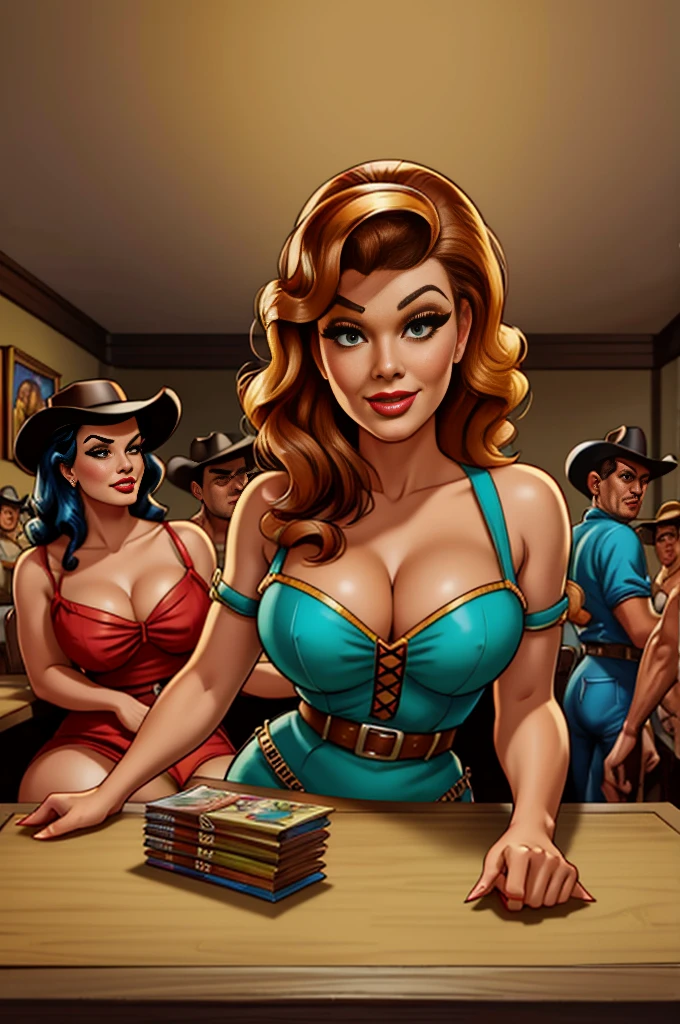 painting of a woman in cowboy attire sitting on a table with a group of people, 5 0 s pulp illustration, western comic book art, vintage pulp art, pulp illustration, by Roy Dalgarno, retro pulp art, by Earl Norem, western comic art, pulp art, by Glenn Fabry, ( art fitzpatrick ), by Mort Künstler