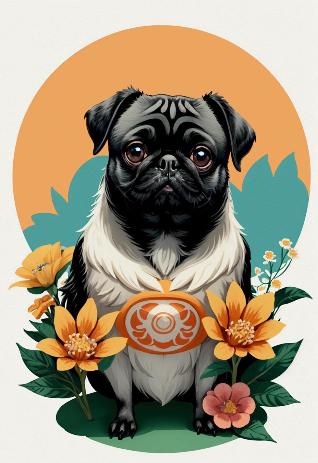 STICKER, A detailed illustration a print of vivid cute Black Pug head, fantasy flowers splash, vintage t-shirt design, in the style of Studio Ghibli, white and orange flora pastel tetradic colors, 3D vector art, cute and quirky, fantasy art, watercolor effect, bokeh, Adobe Illustrator, hand-drawn, digital painting, low-poly, soft lighting, bird's-eye view, isometric style, retro aesthetic, focused on the character, 4K resolution, photorealistic rendering, using Cinema 4D