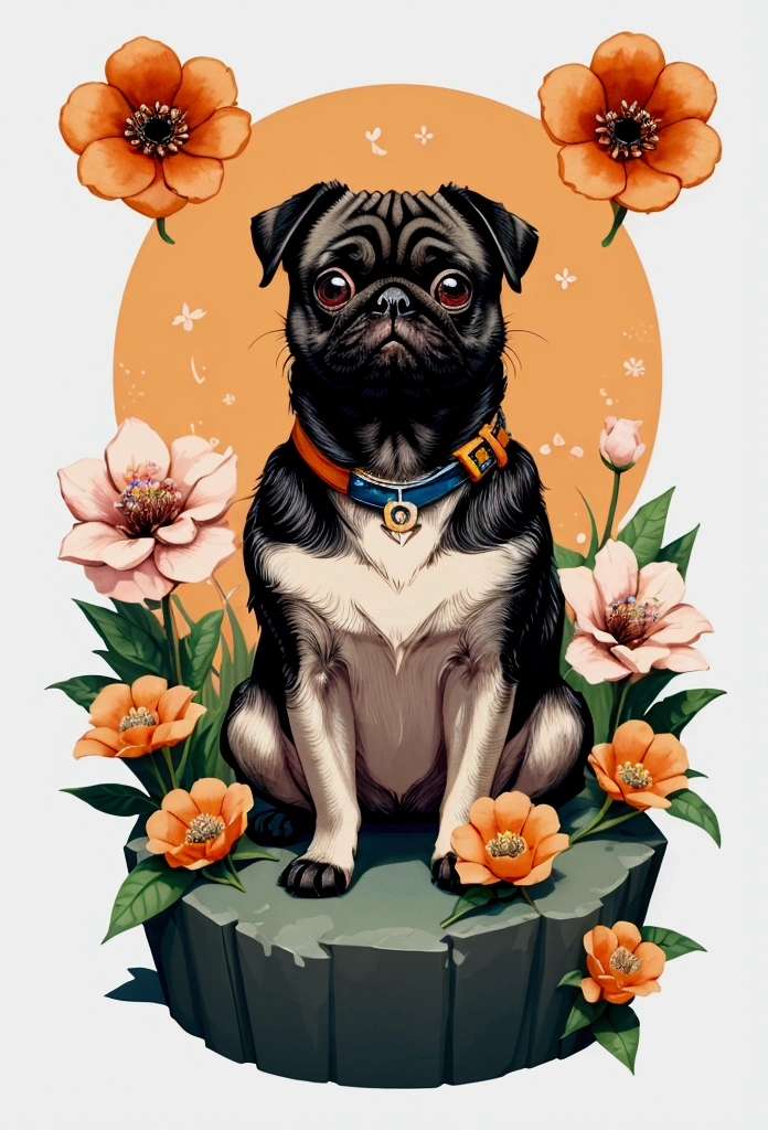 STICKER, A detailed illustration a print of vivid cute Black Pug head, fantasy flowers splash, vintage t-shirt design, in the style of Studio Ghibli, white and orange flora pastel tetradic colors, 3D vector art, cute and quirky, fantasy art, watercolor effect, bokeh, Adobe Illustrator, hand-drawn, digital painting, low-poly, soft lighting, bird's-eye view, isometric style, retro aesthetic, focused on the character, 4K resolution, photorealistic rendering, using Cinema 4D