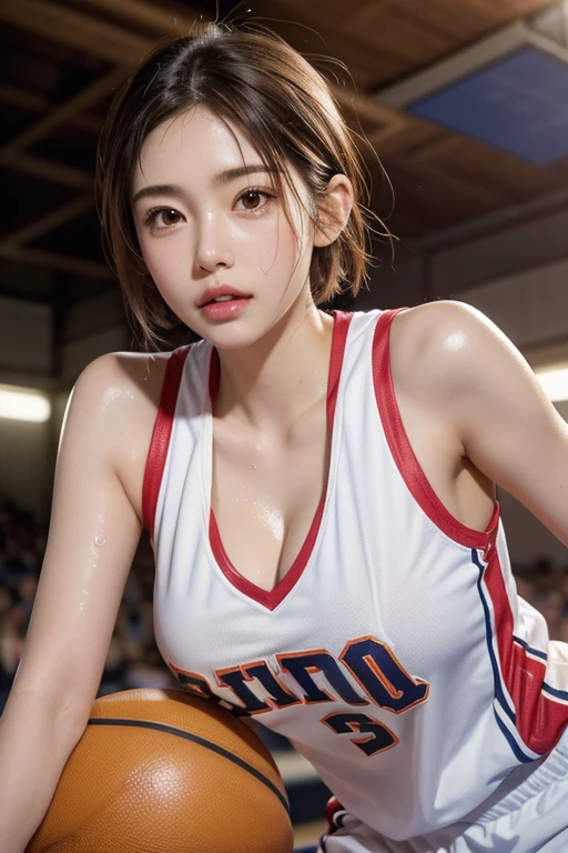 4K,masterpiece,High resolution,Very complicated,Realistically,((Sweaty 1.5)),((Shiny skin 1.5)), whole body,Summer noon, Play basketball,Basketball Pose,Basketball Uniform,Thighs, 1990s\(style\),White skin,(Sweaty cleavage 1.2), (Highest quality), (High resolution), (Extremely delicate and beautiful),Beautiful 8k face,(Brown eyes),(Beautiful breasts),(Basketball Sportswear),((Play basketball)),((Basketball court background)),, closeup cleavage,Highest quality, RAW Photos, Realistically, Cute face, Buatigarh, Adorable, Pink shorthair, Depth of written boundary, Super detailed, Cinema Lighting