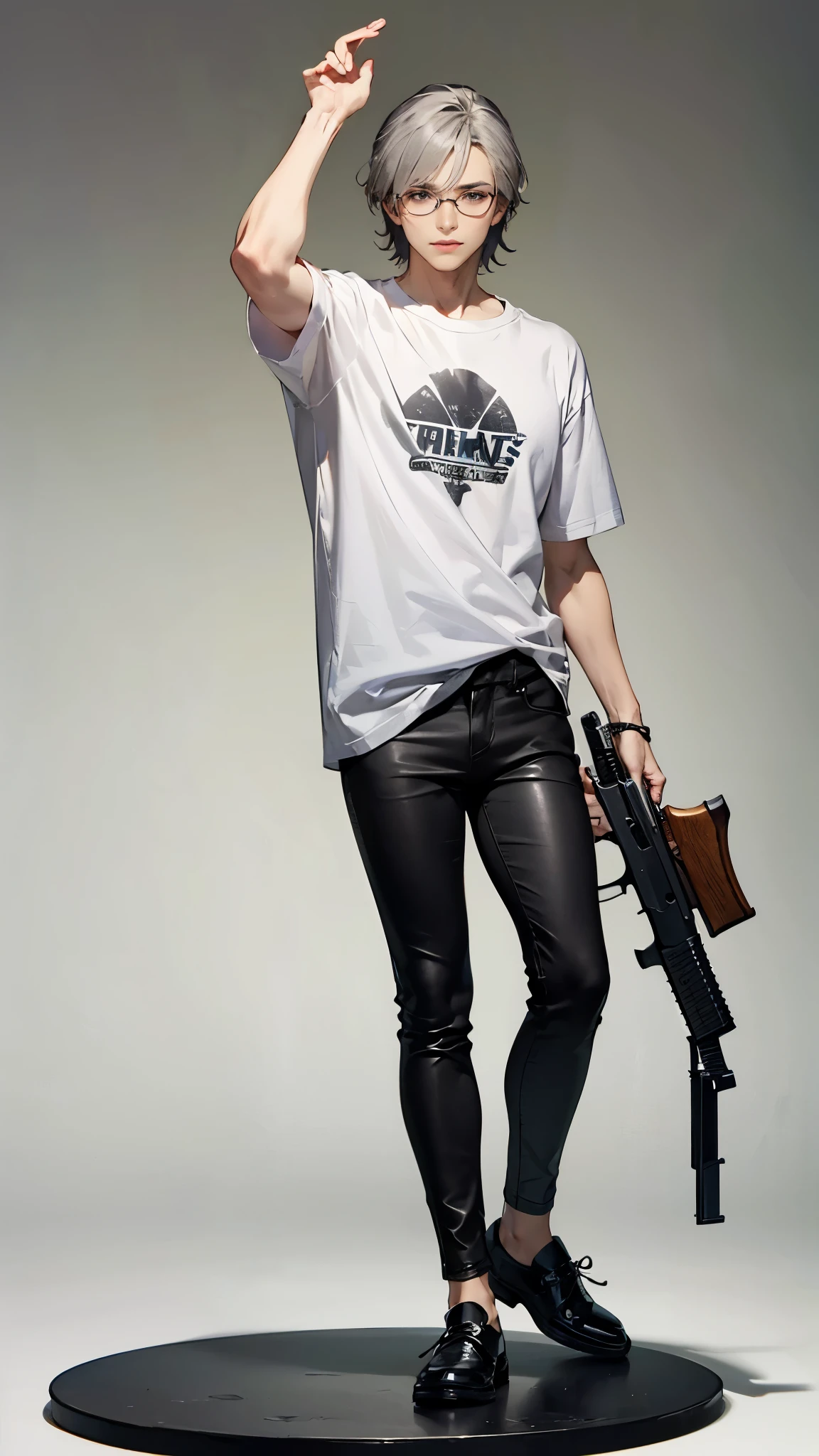 (Highest quality、masterpiece、High resolution、High quality)、(Colt Python 357 Magnum: 1.8、He has a gun in his right hand: 1.5)、(1 male: 1.8、Glasses、51 years old)、(Short gray hair: 1.3)、BREAK、(Pure white T-shirt: 1.5、black skinny pants: 1.7)、(Black leather shoes: 1.6)Left hand in trouser pocket、BREAK、。 Simple Background、Quiet Pose、Cool animation、uncle、Romance Gray、無課金uncle、Ready your gun?。

