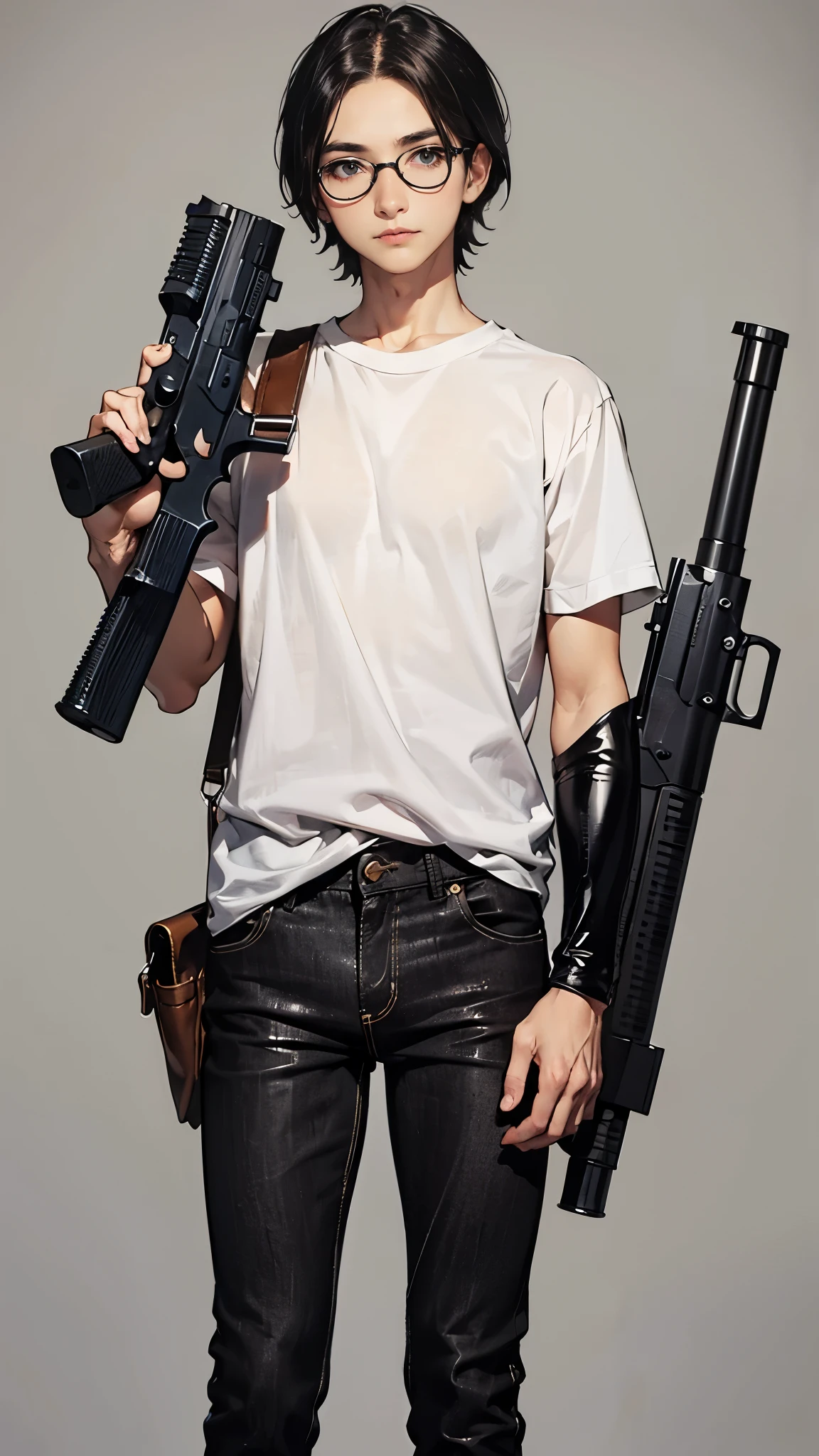 (Highest quality、masterpiece、High resolution、High quality)、(Colt Python 357 Magnum: 1.8、He has a gun in his right hand: 1.5)、(1 male: 1.8、Glasses、51 years old)、(Short gray hair: 1.3)、BREAK、(Pure white T-shirt: 1.5、black skinny pants: 1.7)、(Black leather shoes: 1.6)Left hand in trouser pocket、BREAK、。 Simple Background、Quiet Pose、Cool animation、uncle、Romance Gray、無課金uncle、Ready your gun?。
