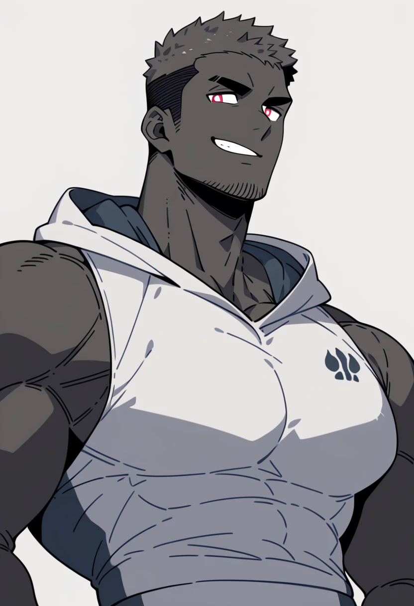 anime characters:Priapus, Black Black Skin Muscle Sports Student, Manliness, male focus, Sports tight hooded sweatshirt, Under Armour Brand, Wear a high-necked tights underneath, Very tight, Huge pectoral muscles, muscular male, muscular, Perfect muscular waist, only, Upper body, alone, Red short hair, Thick eyebrows, stubble, Brown-red pupils, White background, Solid color background, Clean background, simple background, amazing quality, best aesthetics, Ridiculous, crew cut, smirk, bright pupils, grin, negative space, negative space, best quality
